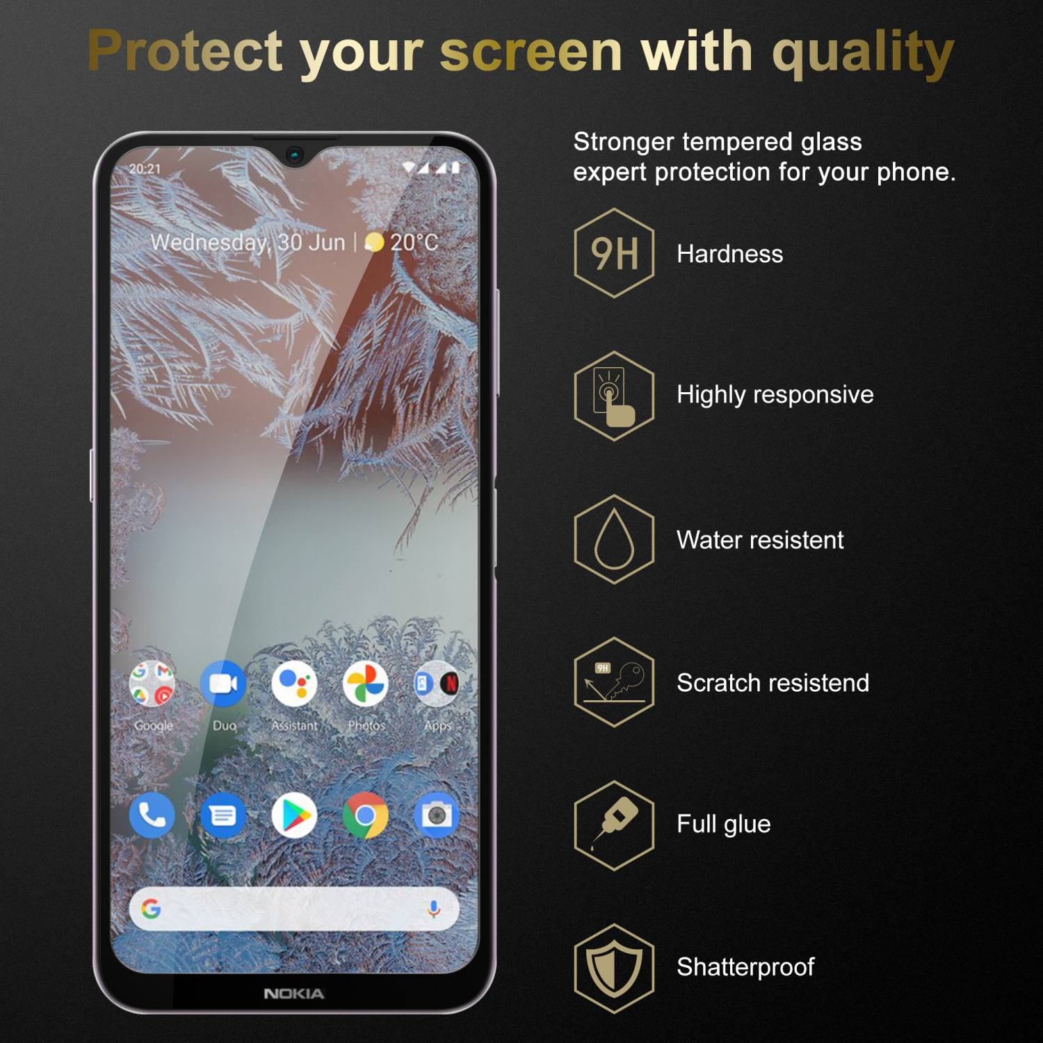 Smartphone con protezione schermo, testo e icone. Sfondo nero e oro.