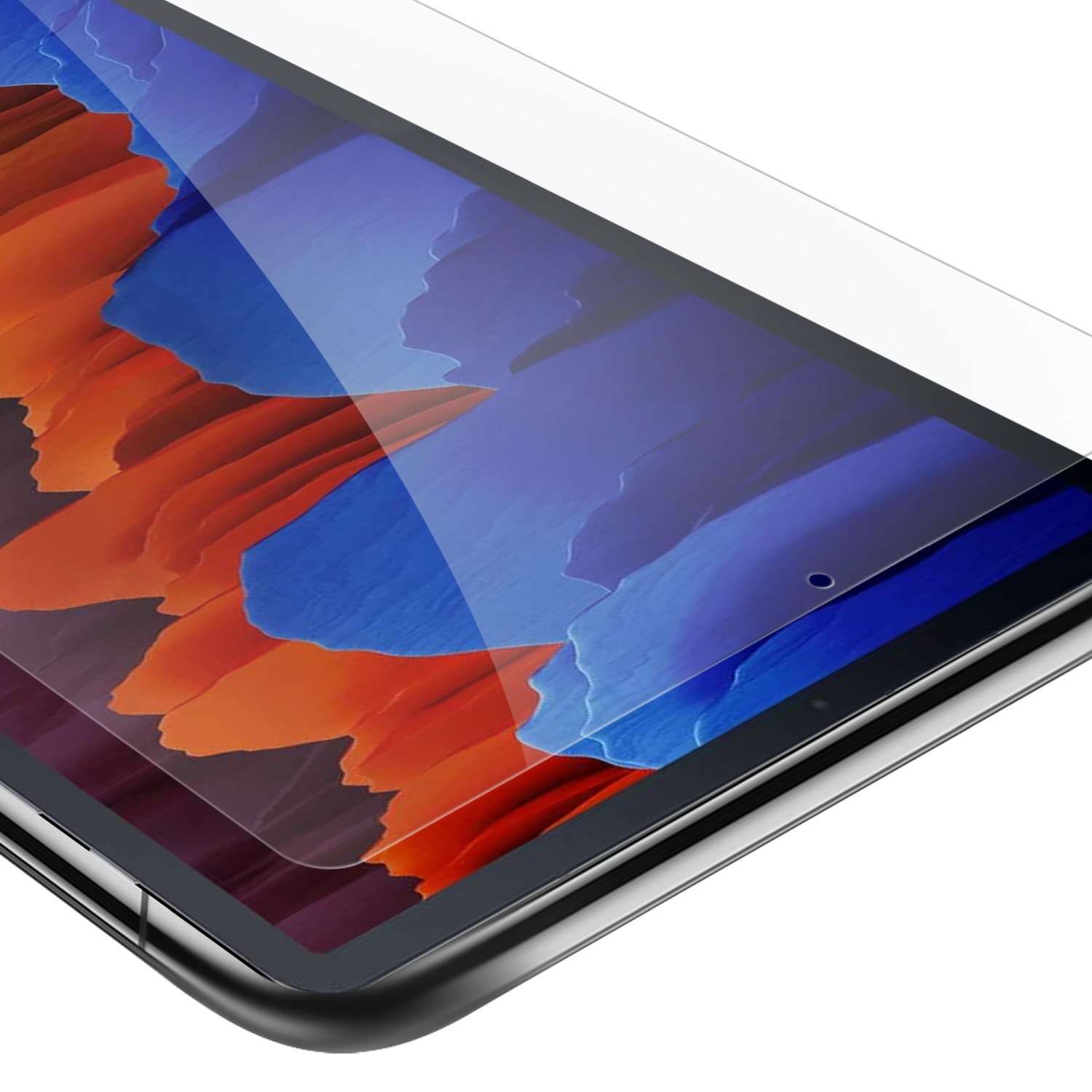 Tablet con protezione schermo applicata. La protezione è trasparente e il tablet mostra un'immagine del paesaggio con colori blu, rossi e scuri.