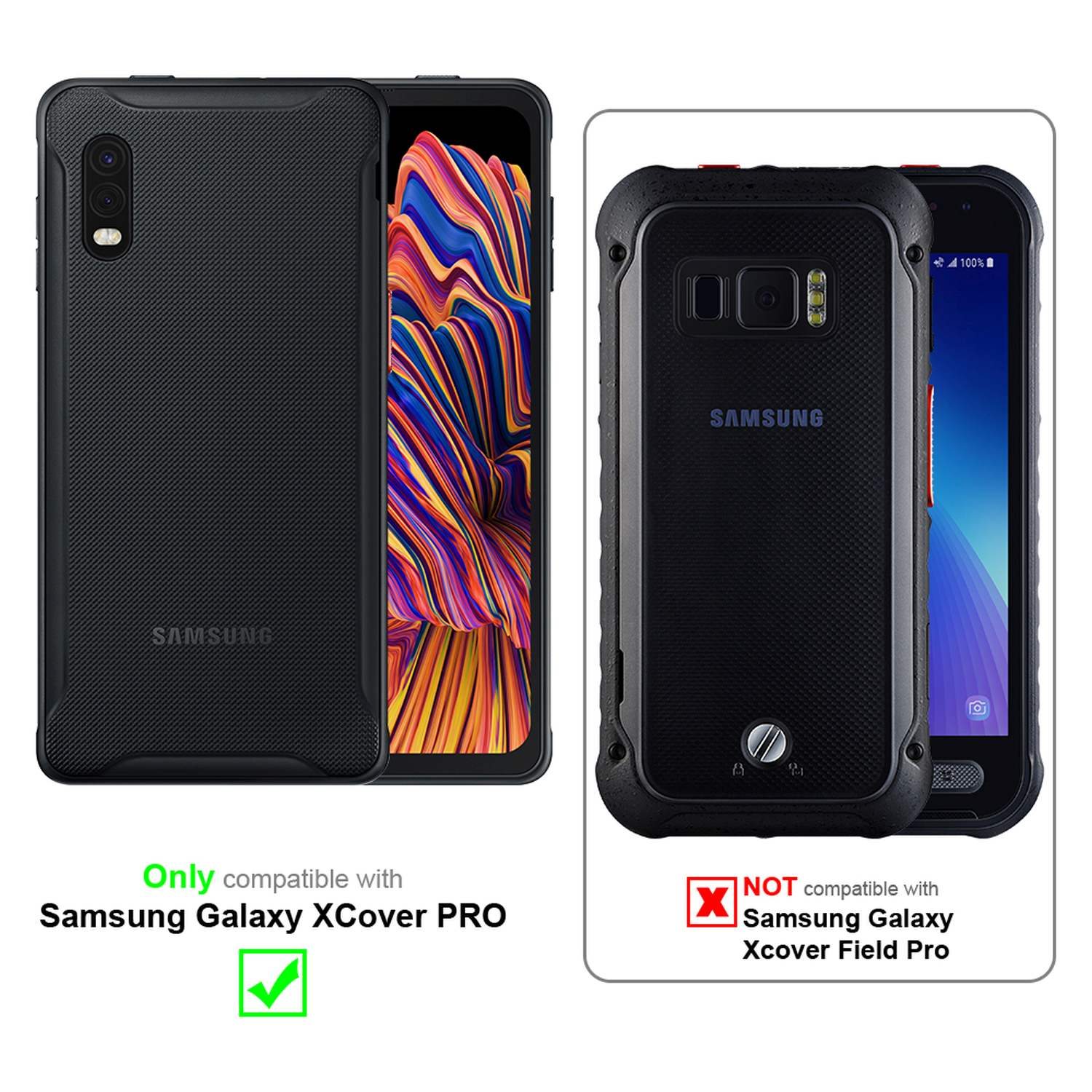 Due custodie per telefono, una su un telefono e una accanto. Il testo indica la compatibilità: Samsung Galaxy Xcover Pro.