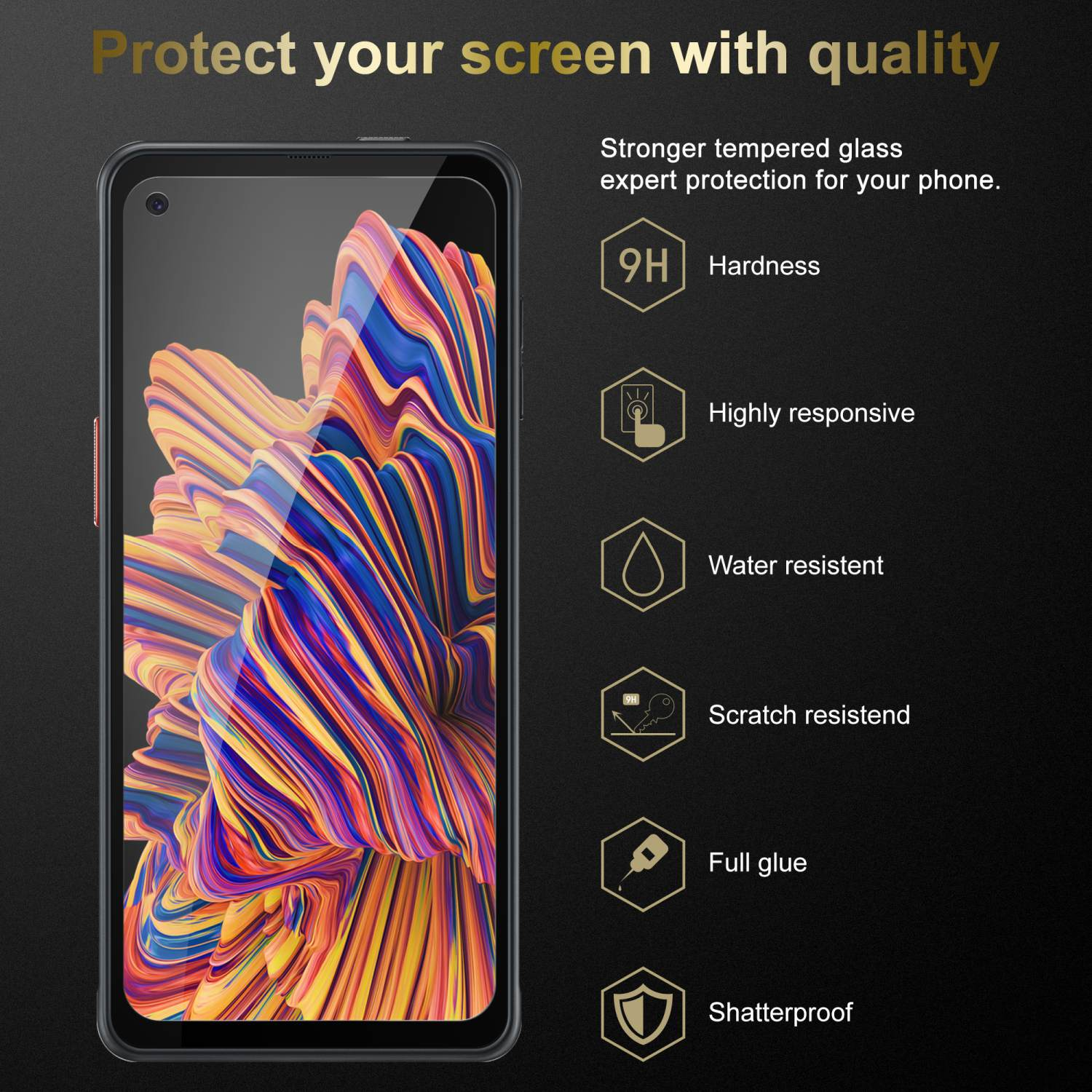 Pantalla de teléfono con protector. Texto: Protege tu pantalla con calidad.