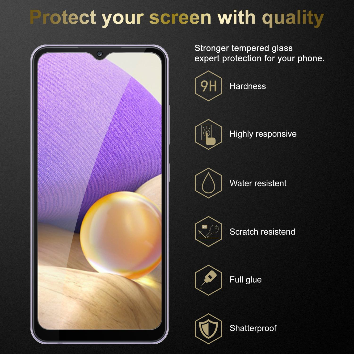 Un telefono con protezione per lo schermo, con icone che indicano durezza, reattività e resistenza all'acqua.
