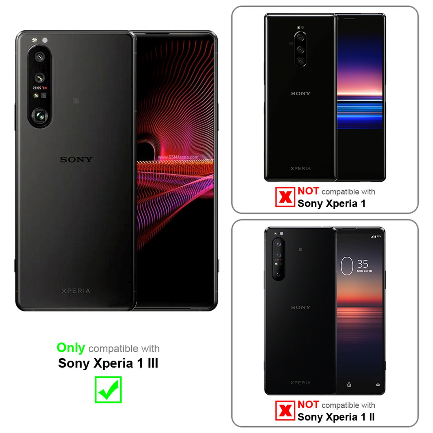 Immagini che confrontano custodie per telefoni, il testo indica la compatibilità Sony Xperia.