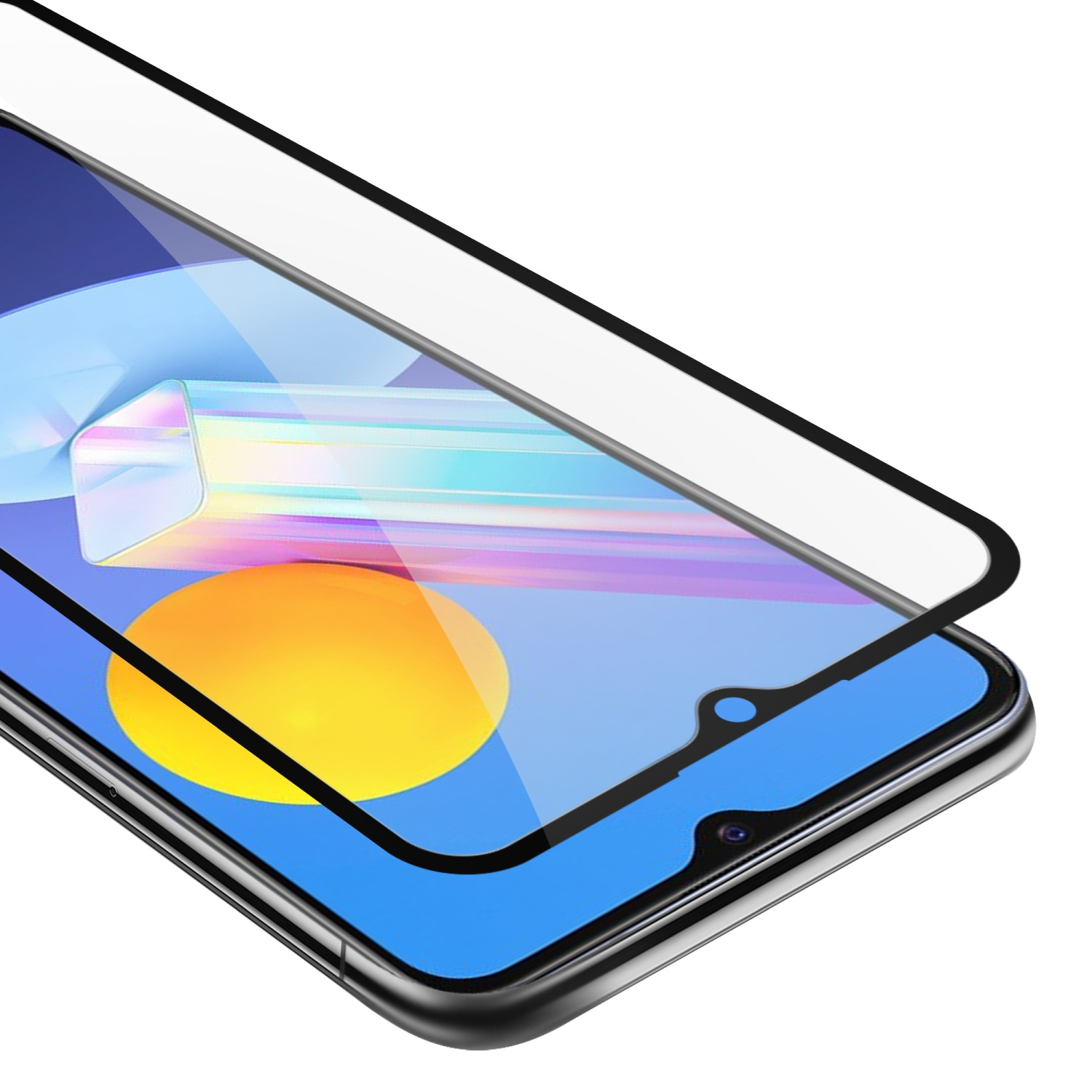 Un telefono con una protezione per lo schermo applicata. La protezione è trasparente e delinea il telefono.