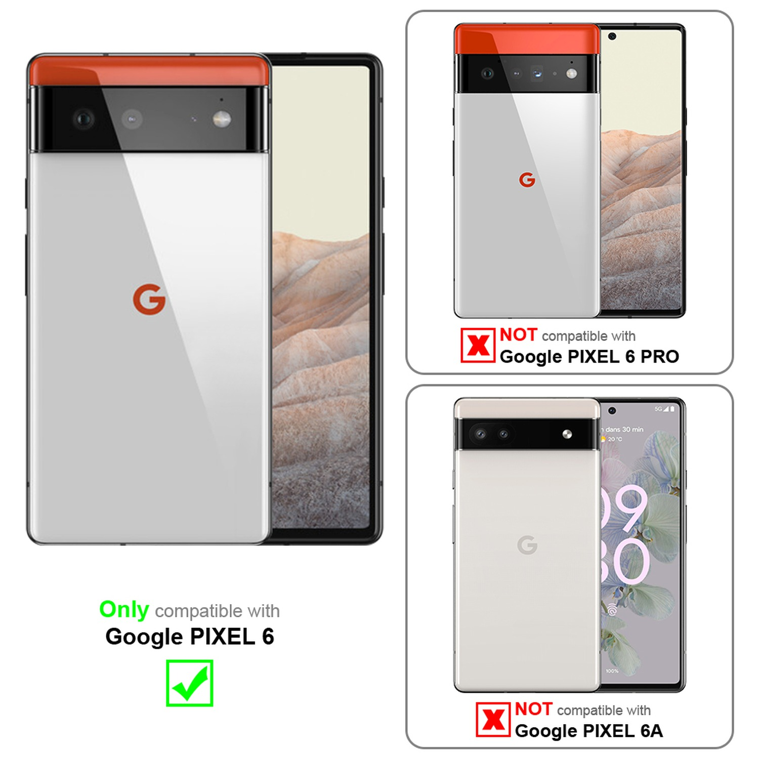Zwei Google Pixel Telefone, eines weiß, das andere orangefarben, mit Kompatibilitätsetiketten.