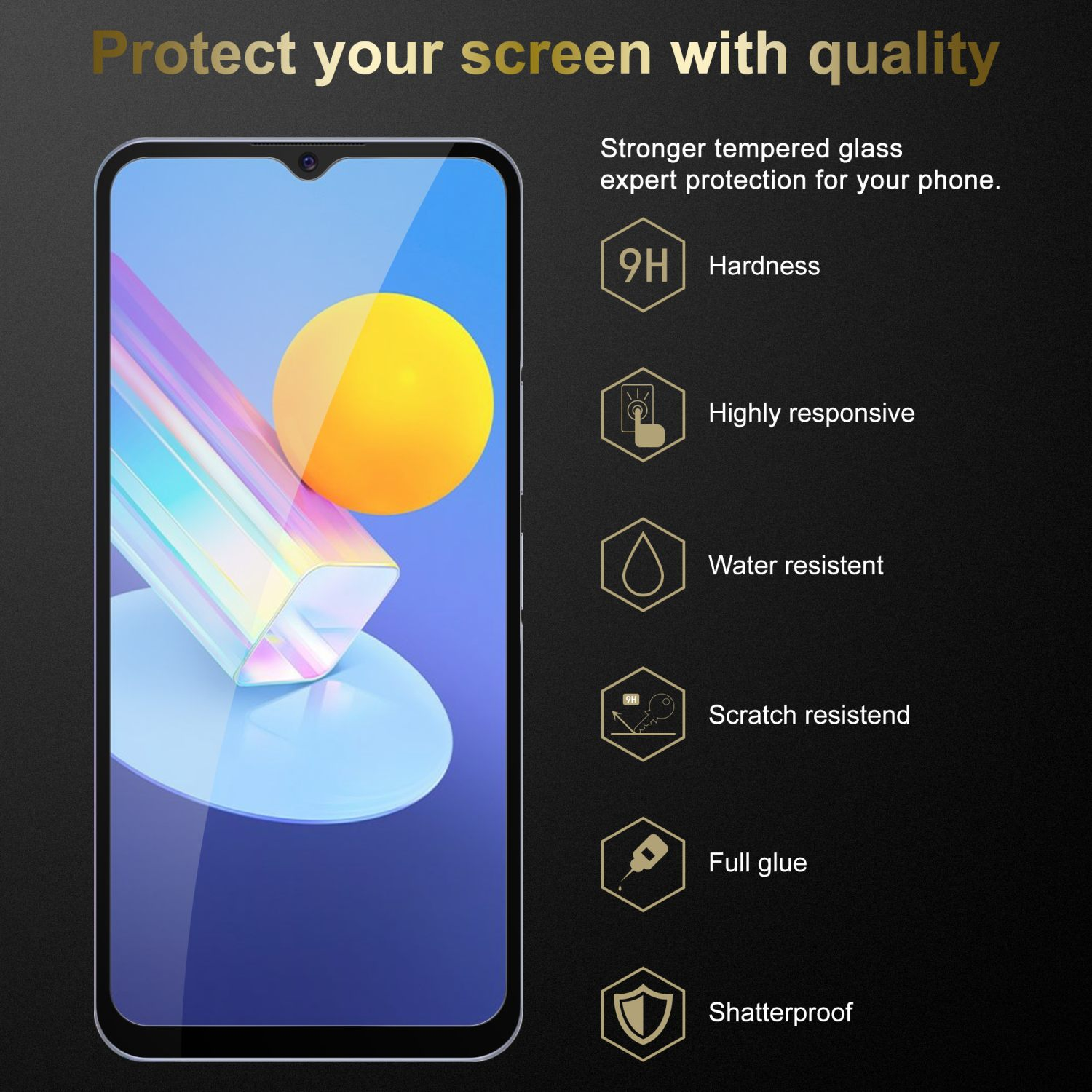 Schermo del telefono con protezione. Caratteristiche: durezza 9H, reattivo, resistente all'acqua, graffi, colla.