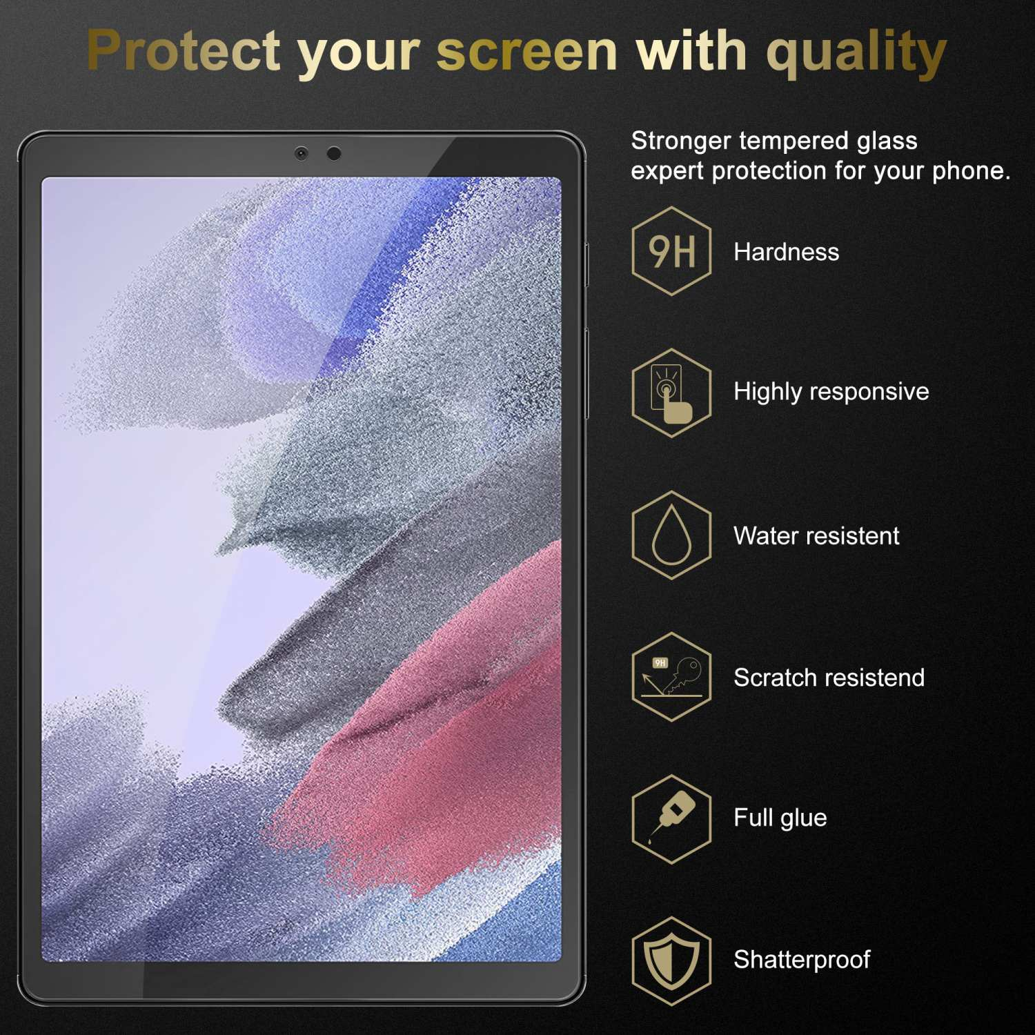 Protezione schermo per tablet con icone e testo delle funzioni di protezione su sfondo scuro.