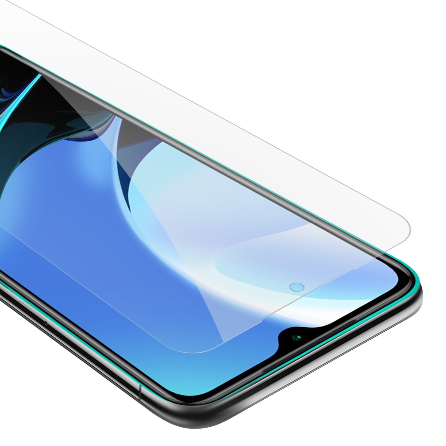 Primo piano di un telefono con una protezione per lo schermo applicata. Mostra il bordo del telefono e del protettore.