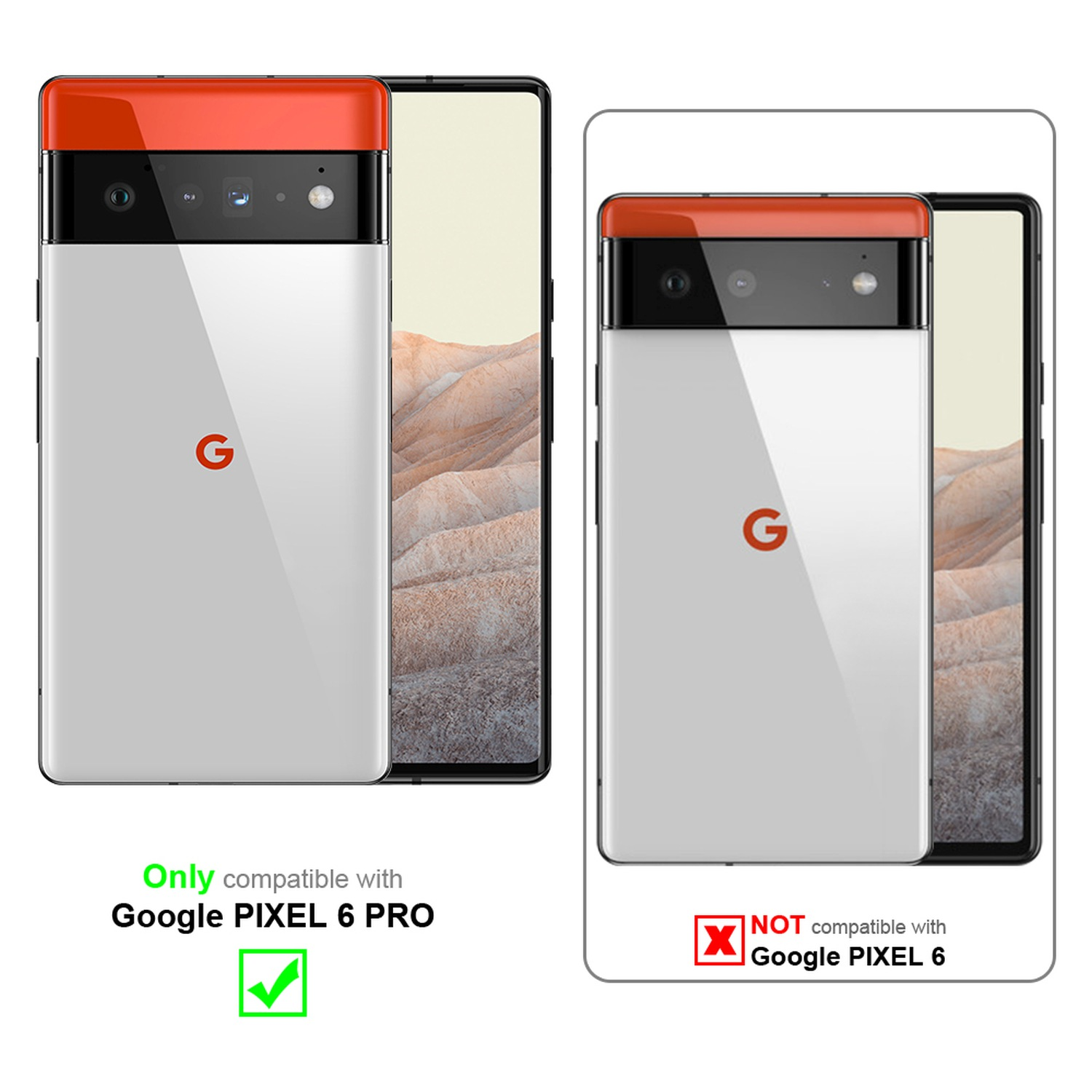 Confronto tra Pixel 6 Pro e Pixel 6. Solo Pixel 6 Pro è compatibile. Sfondo bianco.