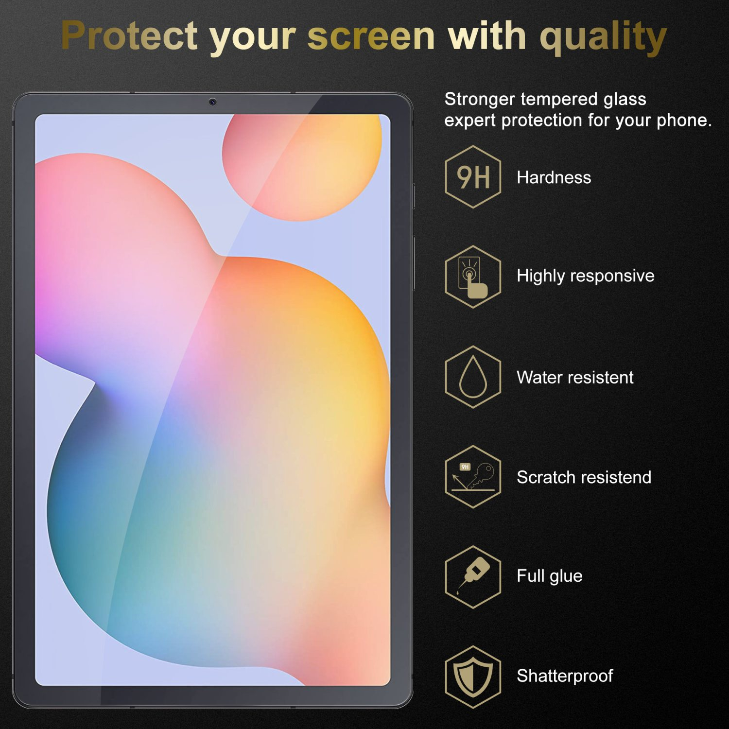Un tablet con un proteggi schermo, con icone che mostrano caratteristiche come durezza e resistenza all'acqua.