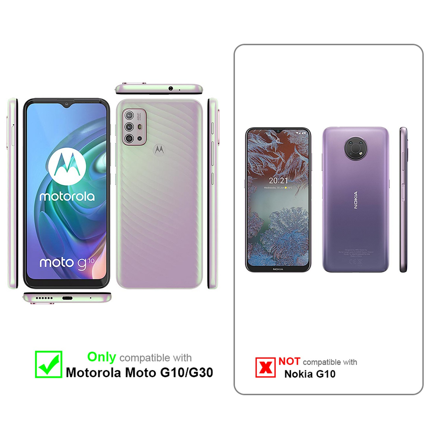 Zwei Telefone, eines Motorola Moto G10/G30 und eines Nokia G10, mit Kompatibilitätsinfo.