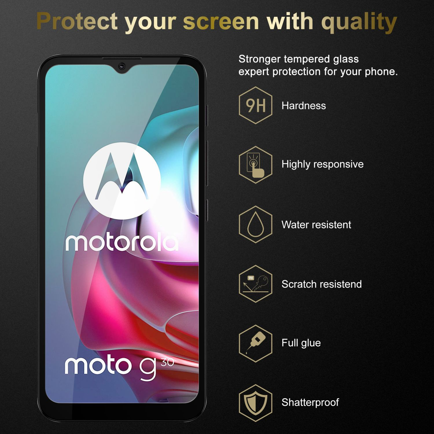 Telefono Motorola con protezione schermo. Testo: Proteggi il tuo schermo con qualità.