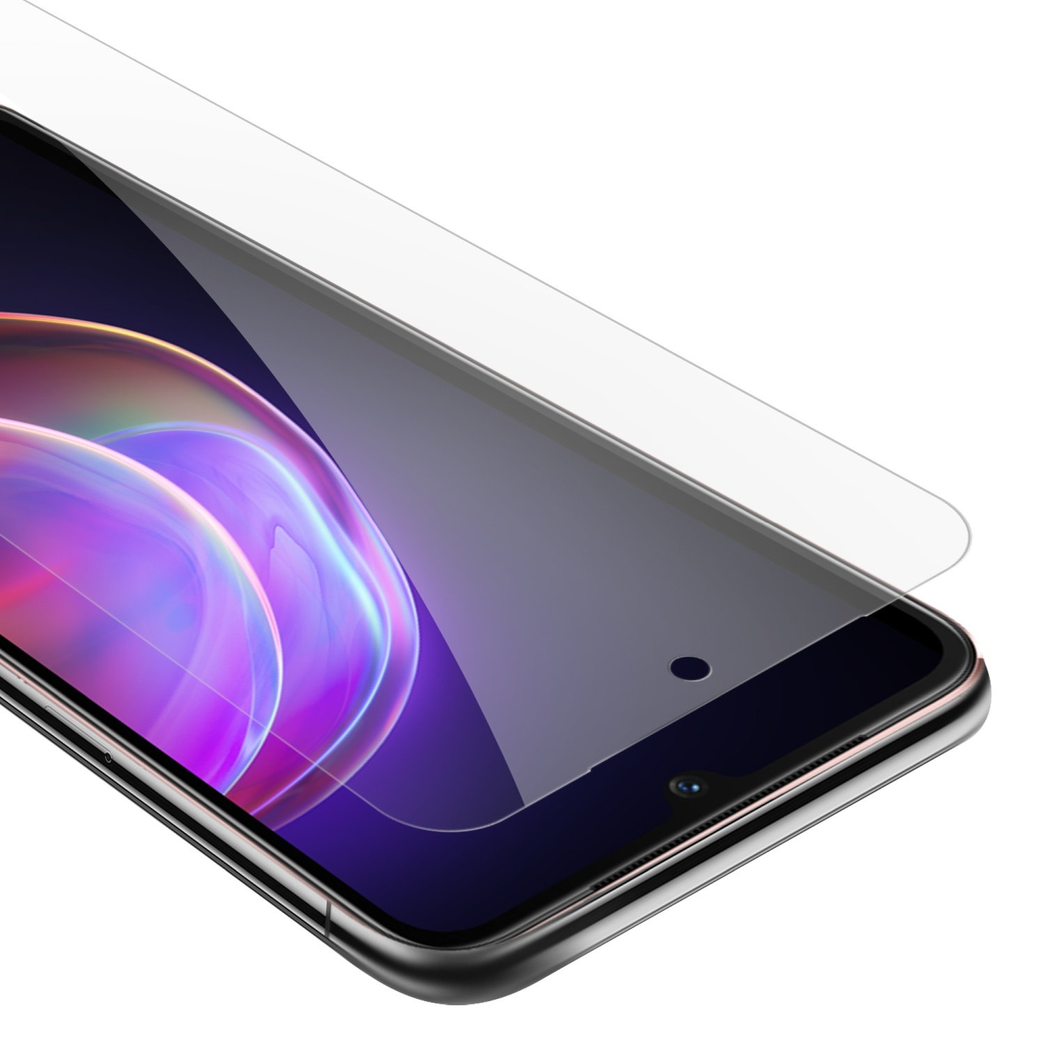 Uno smartphone con una protezione per lo schermo applicata, che mostra un bordo dello schermo curvo.