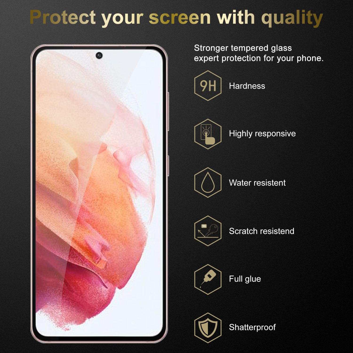 Smartphone con protezione schermo, icone e informazioni sul lato.