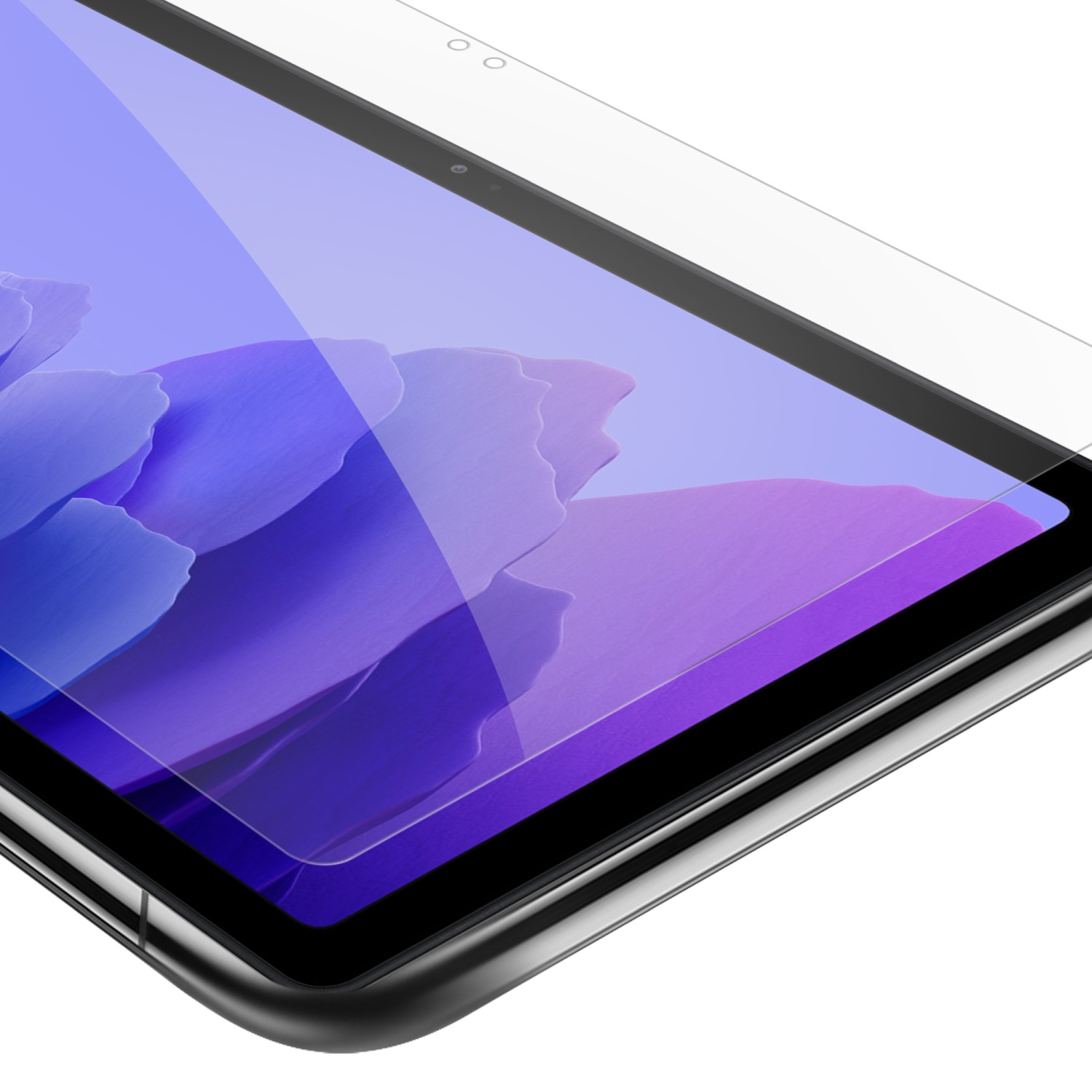 Schermo del tablet con protezione applicata, primo piano. Lo schermo mostra sfondo floreale viola e blu.