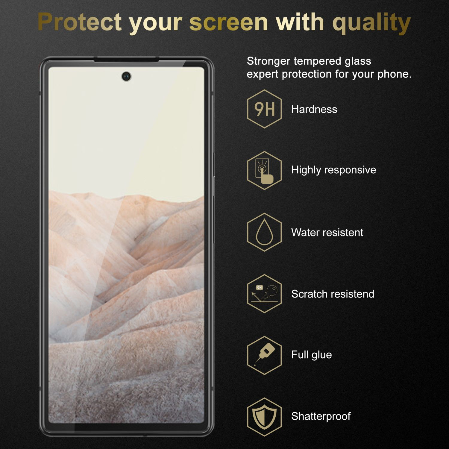 Telefono con protezione schermo e icone di protezione.