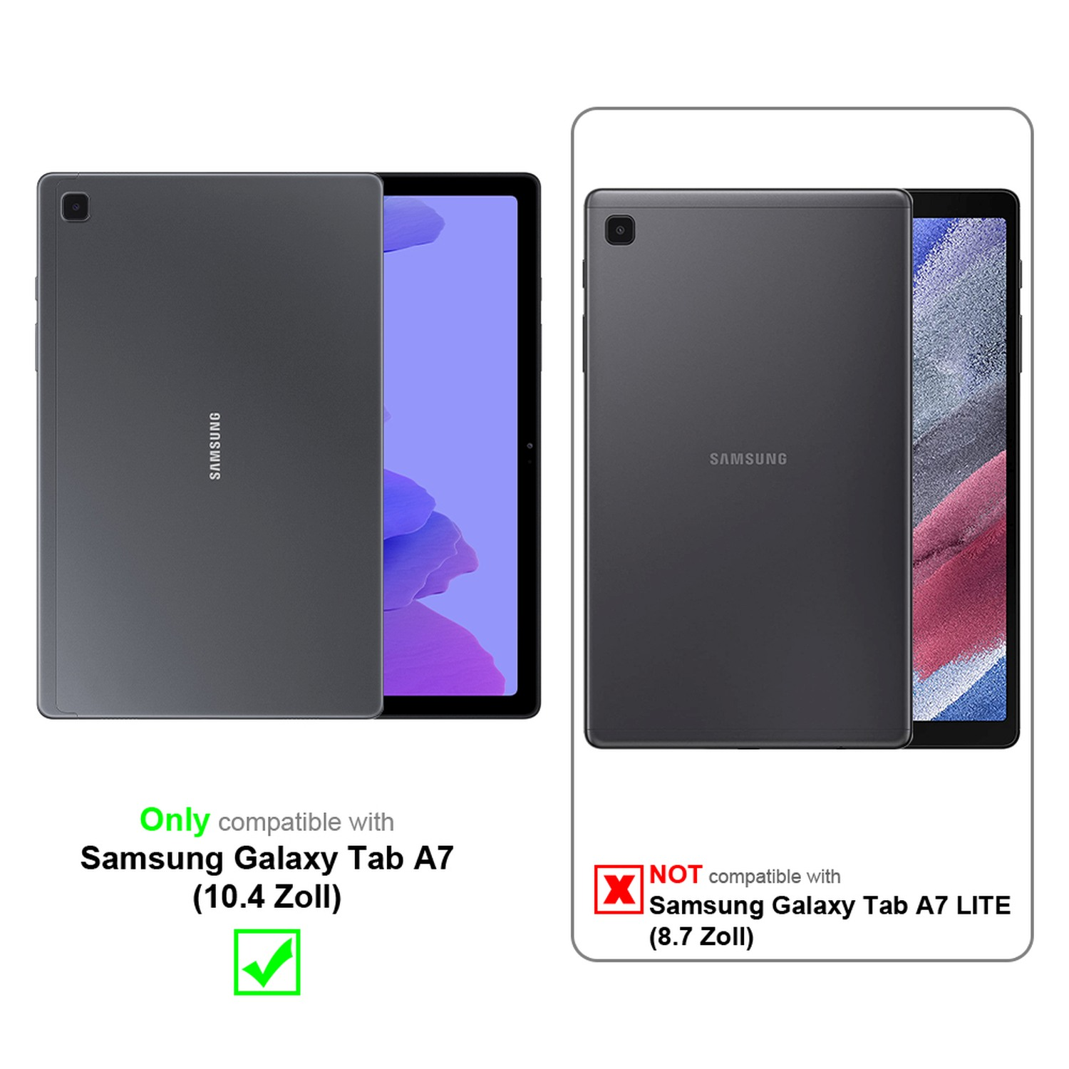 Due tablet affiancati, che mostrano la compatibilità con Samsung Galaxy Tab A7, ma non A7 Lite.