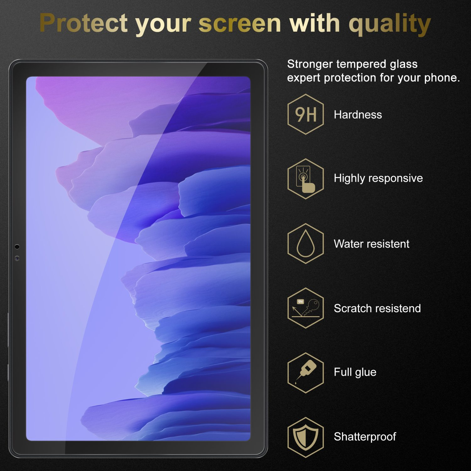 Schermo del tablet con protezione, con icone e testo nero.