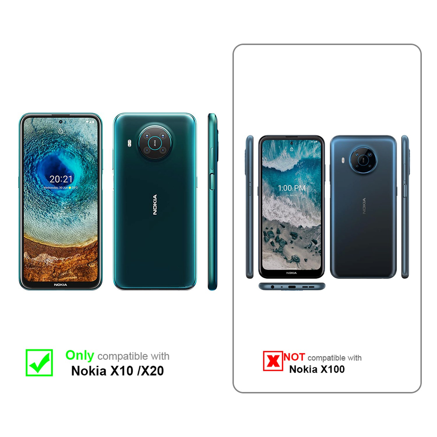 Due telefoni, verde e blu. Il testo indica la compatibilità solo con Nokia X10/X20 e non X100.