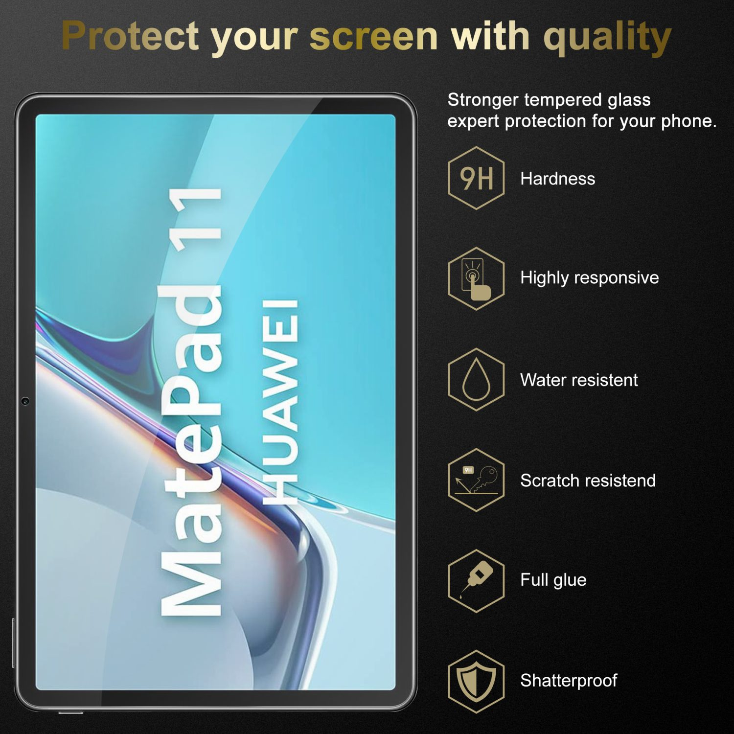 Un proteggi schermo per tablet con un tablet e icone che evidenziano caratteristiche come durezza e reattività.