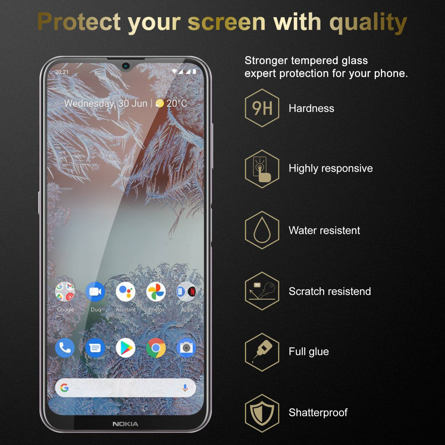 Smartphone con protezione schermo applicata, che mostra data e ora, e icone delle app. Vantaggi protezione.