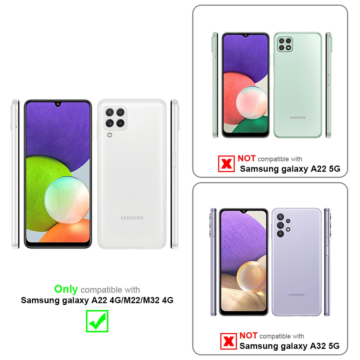 Handyhüllen, weiße und lila Telefone mit Kompatibilitätsinfo, grüne Telefone.
