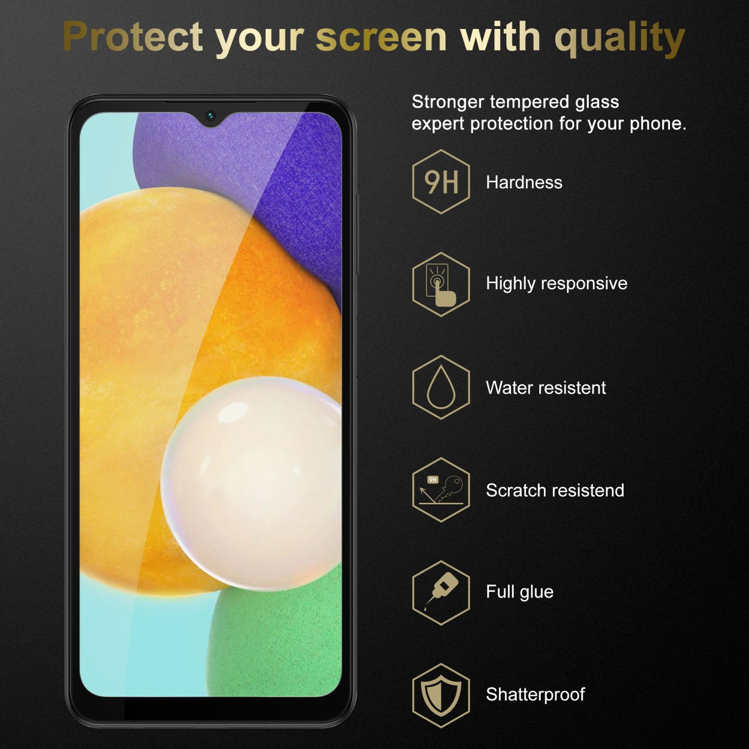 Caratteristiche della protezione schermo smartphone: durezza 9H, resistenza ad acqua e graffi, colla piena.