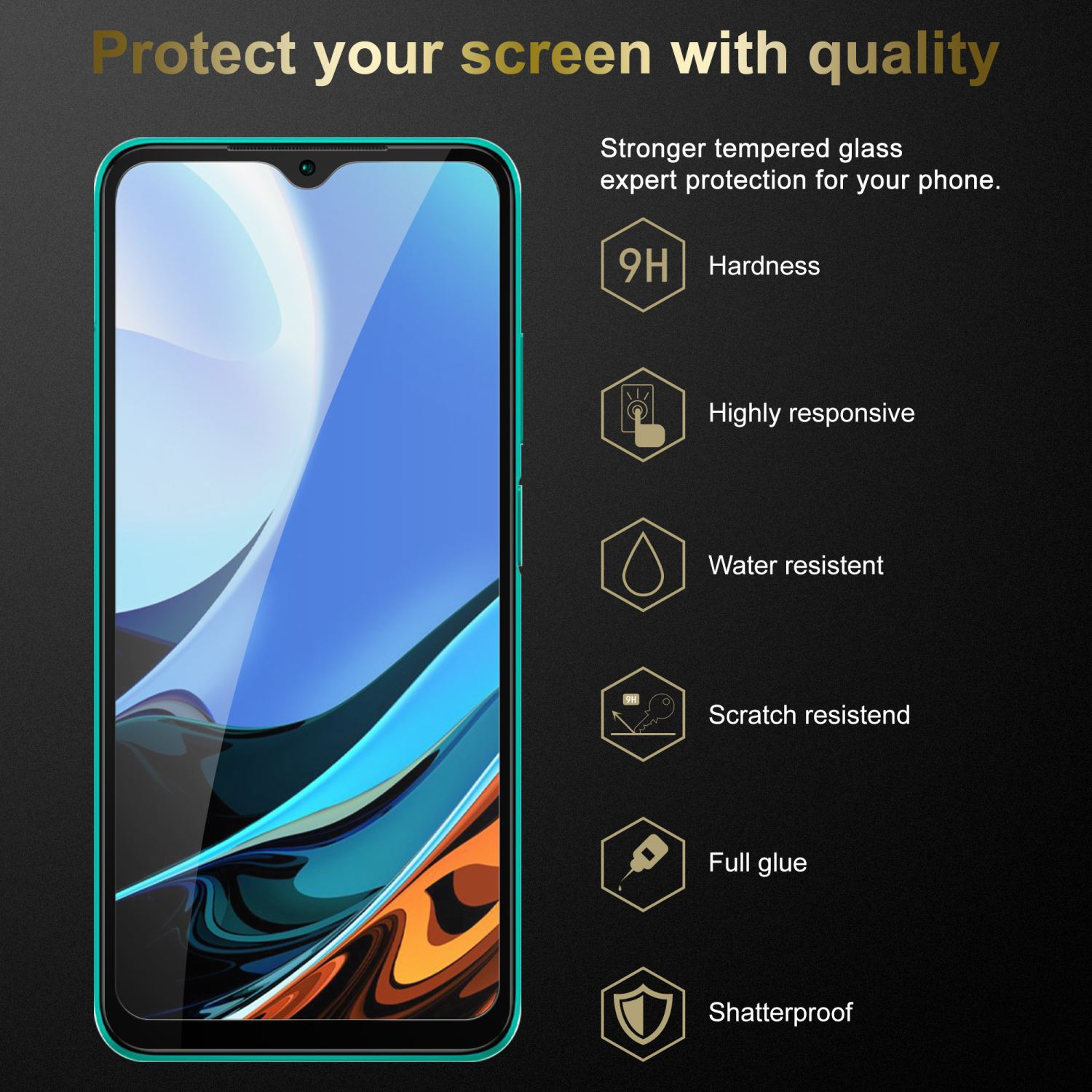 Telefono con protezione schermo. Caratteristiche: durezza, reattività, resistenza all'acqua e ai graffi.
