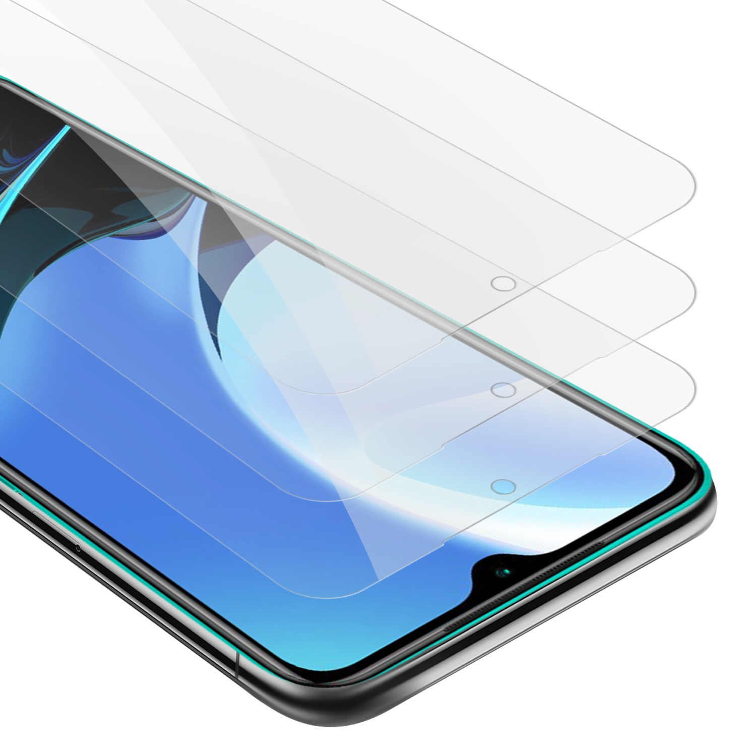 Primo piano di tre protezioni per schermo, trasparenti, posizionate sopra lo schermo di un telefono.