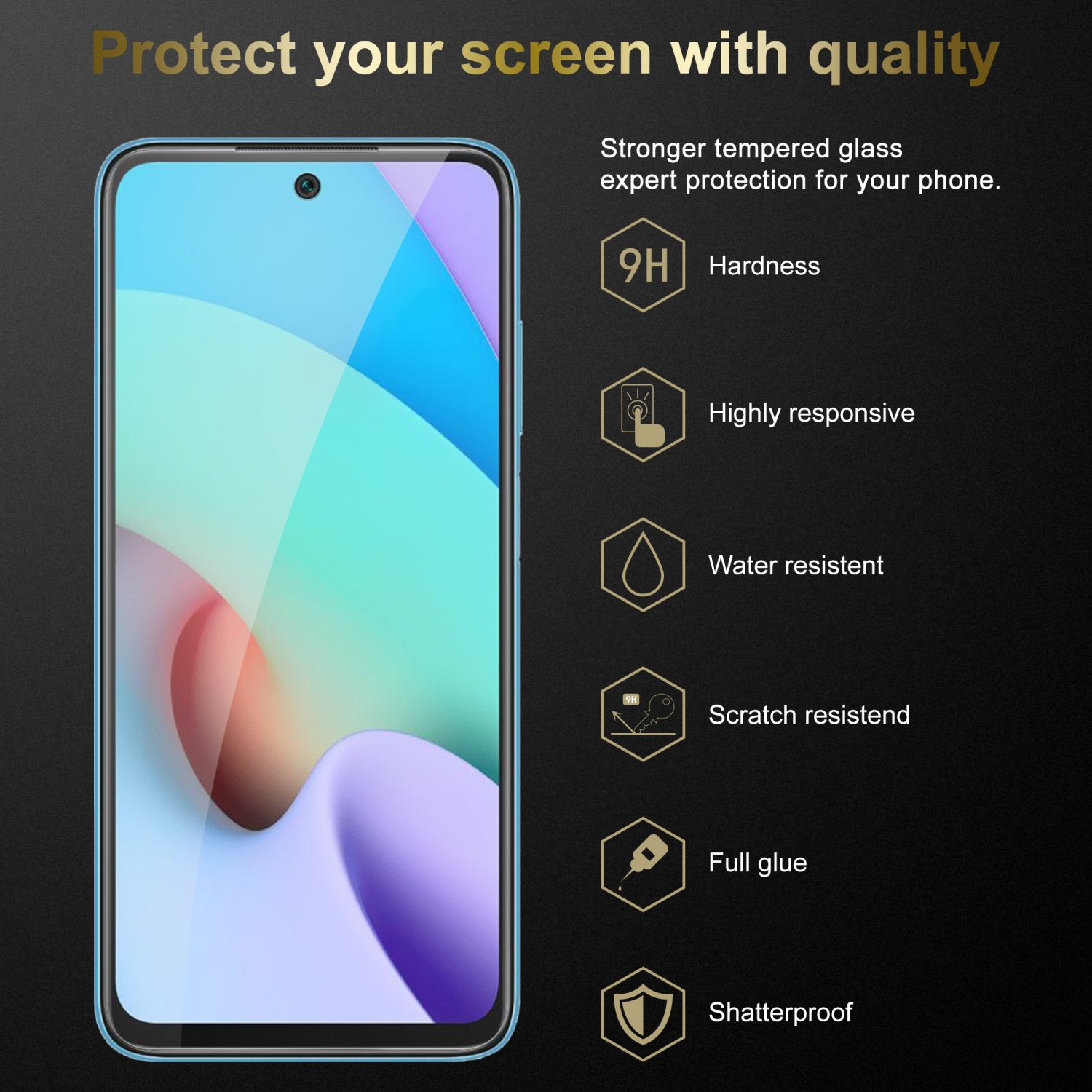 Uno schermo del telefono con una protezione e icone che mostrano funzionalità come durezza e resistenza all'acqua.