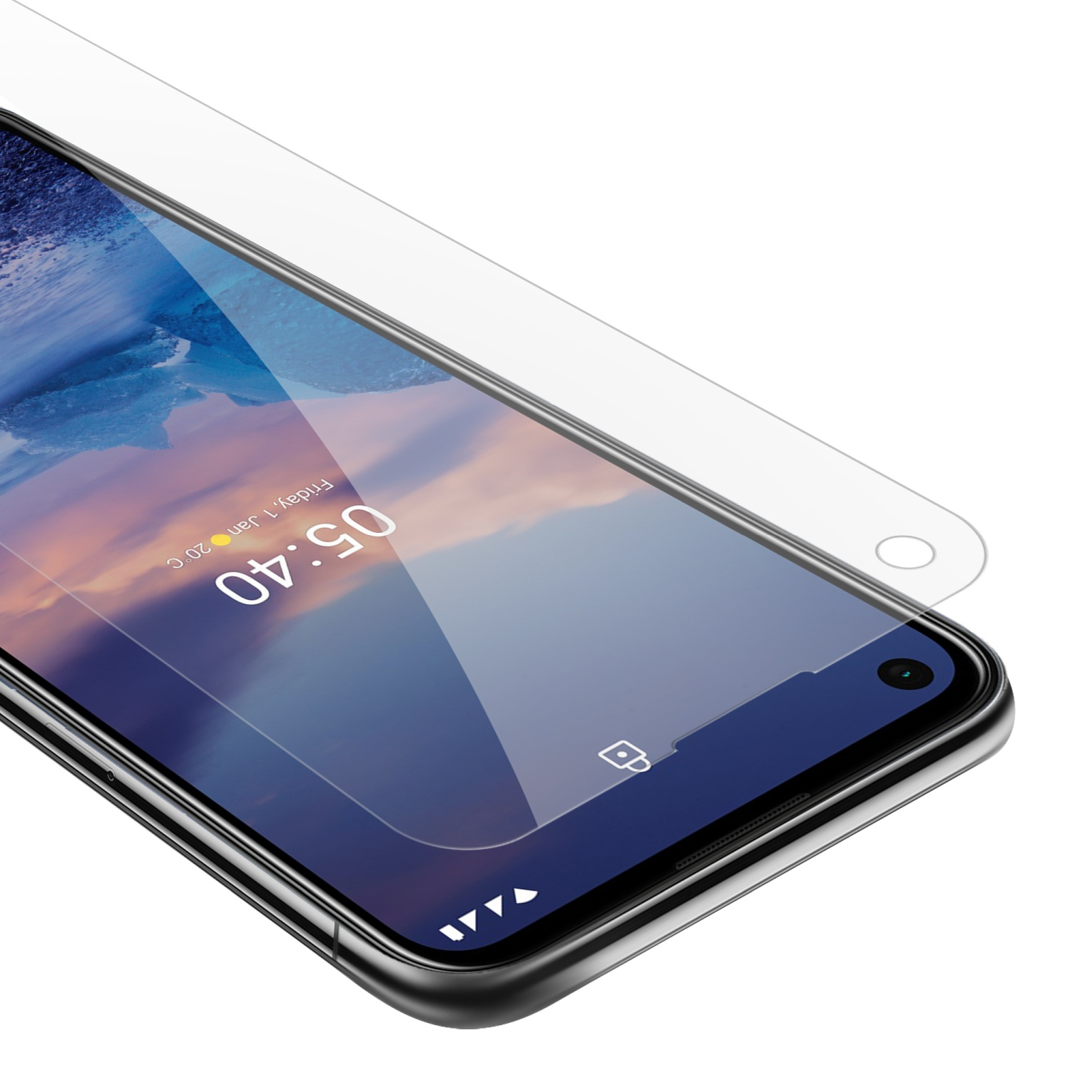Primo piano dello schermo del telefono con protezione. L'ora è 05:40, con un'icona a forma di lucchetto. Lo schermo è chiaro. Lo sfondo è nero.