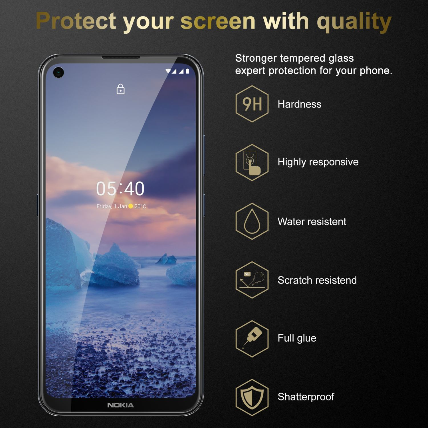 Uno smartphone nero con una protezione schermo. Sono elencate le caratteristiche della protezione.