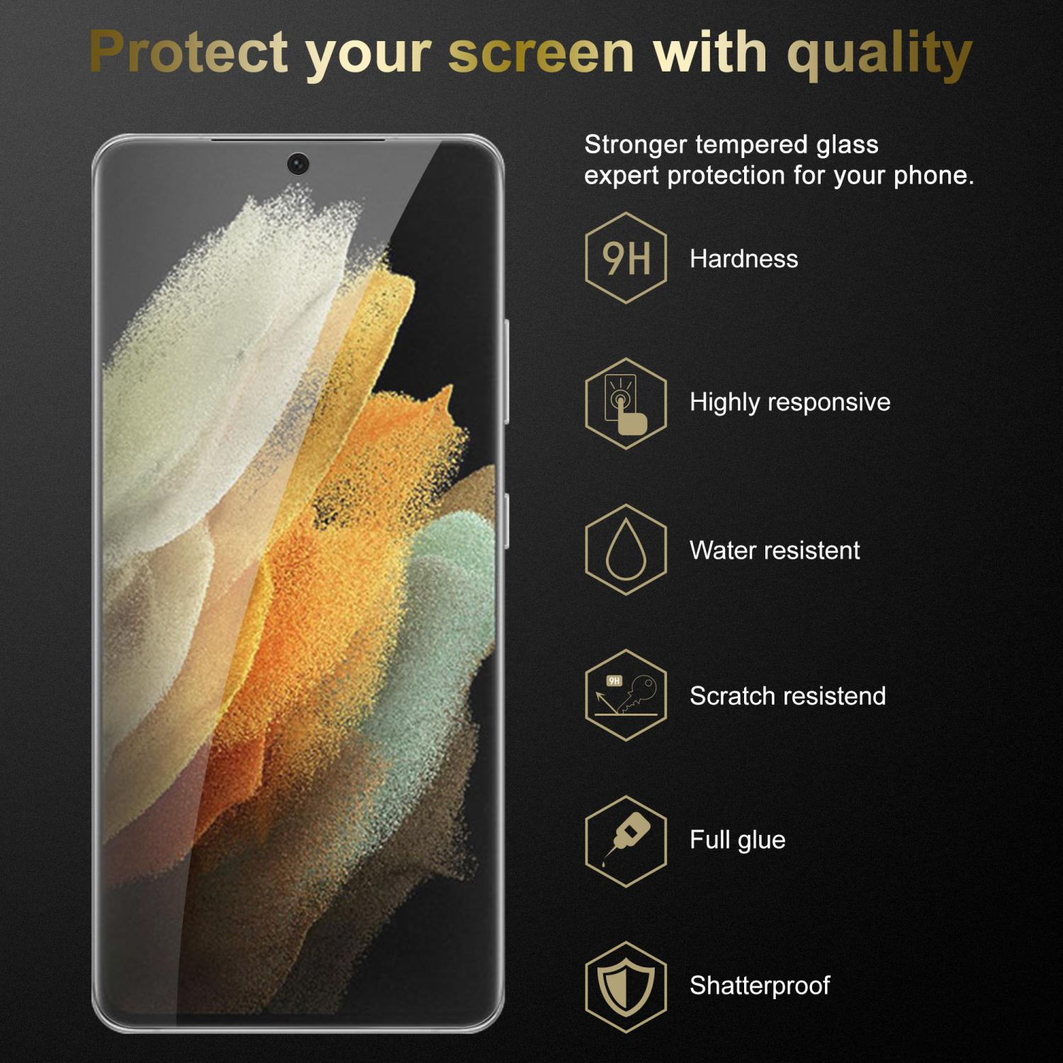Smartphone con protezione per lo schermo applicata. Le caratteristiche includono durezza 9H, resistenza all'acqua e ai graffi.