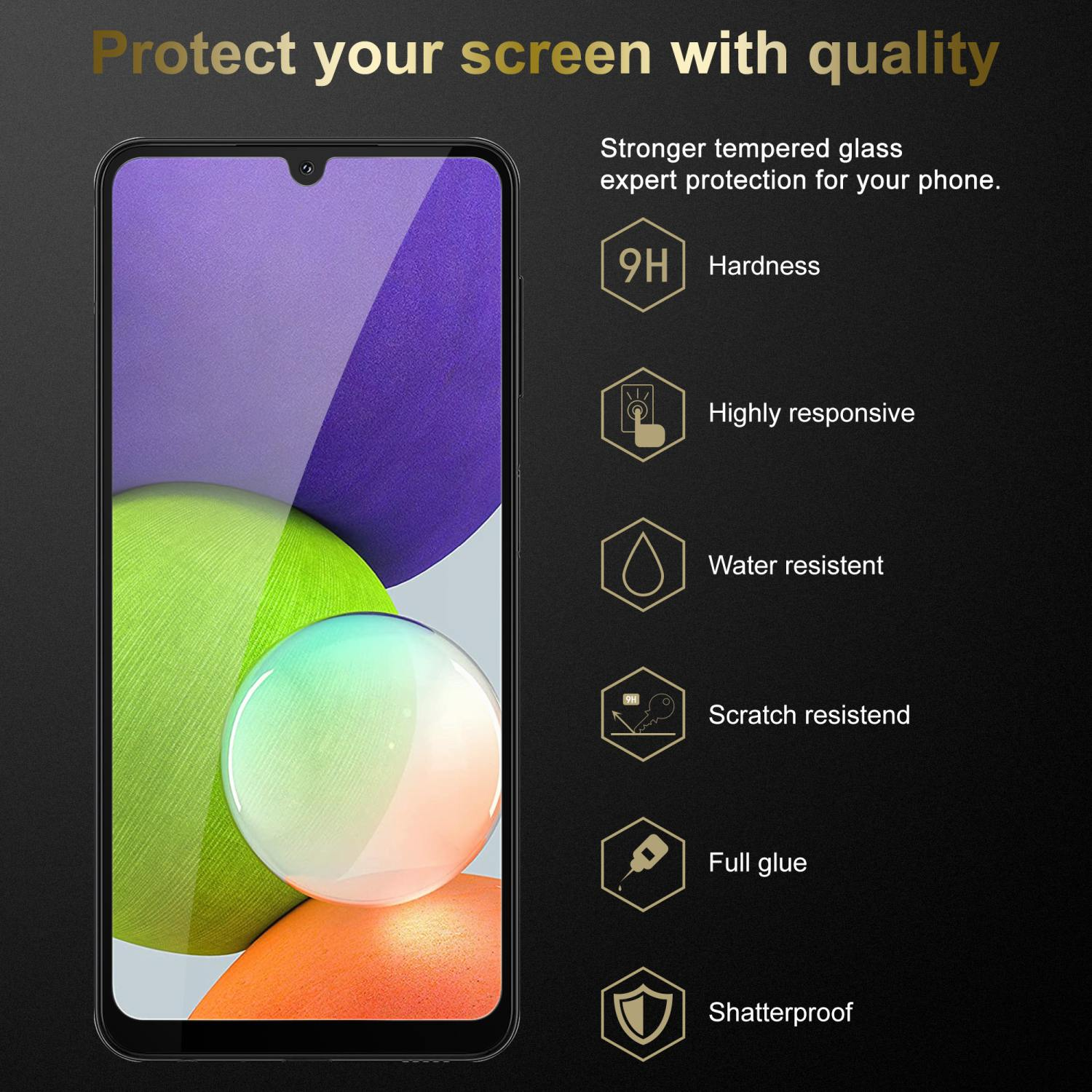 Un telefono con protezione schermo. Icone e testo descrivono le caratteristiche della protezione.