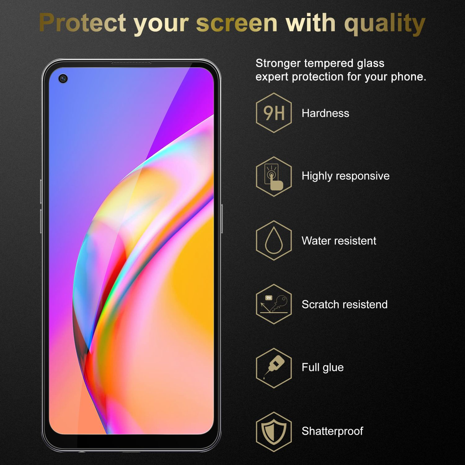 Telefono con protezione schermo, immagine colorata sullo schermo e icone su sfondo nero.