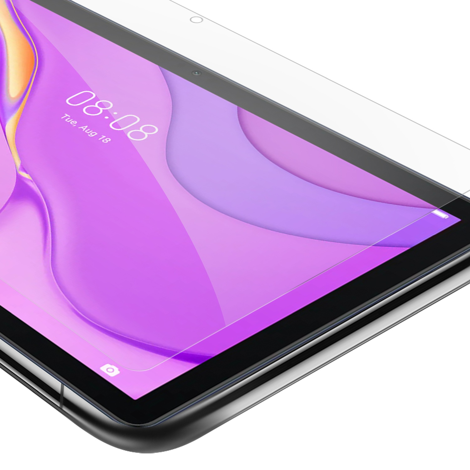 Schermo del tablet con protezione schermo installata, mostra ora e data.