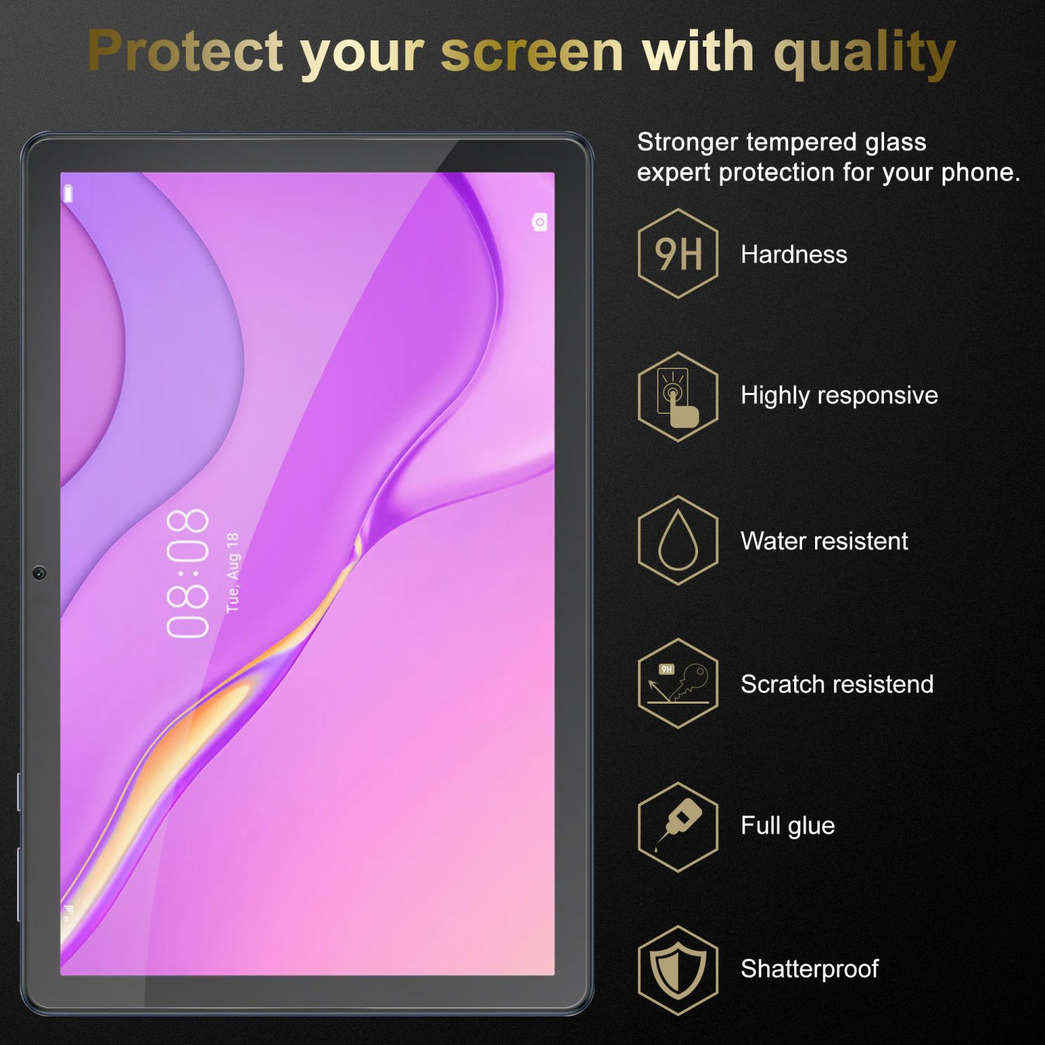 Un tablet con protezione per lo schermo applicata. Il testo indica le caratteristiche della protezione, come durezza, resistenza all'acqua.
