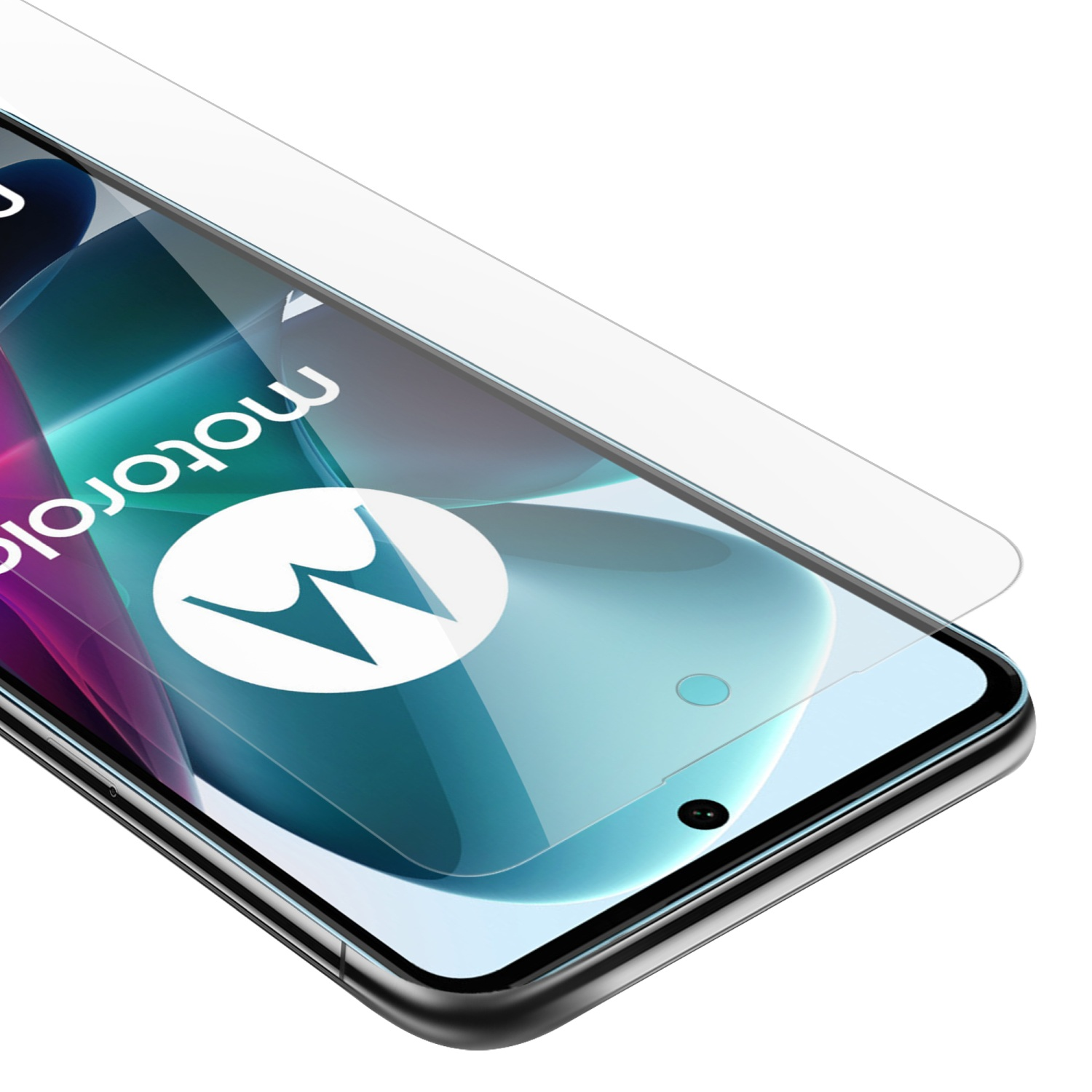 Smartphone con protezione schermo applicata, mostra il logo del marchio e l'area della fotocamera.