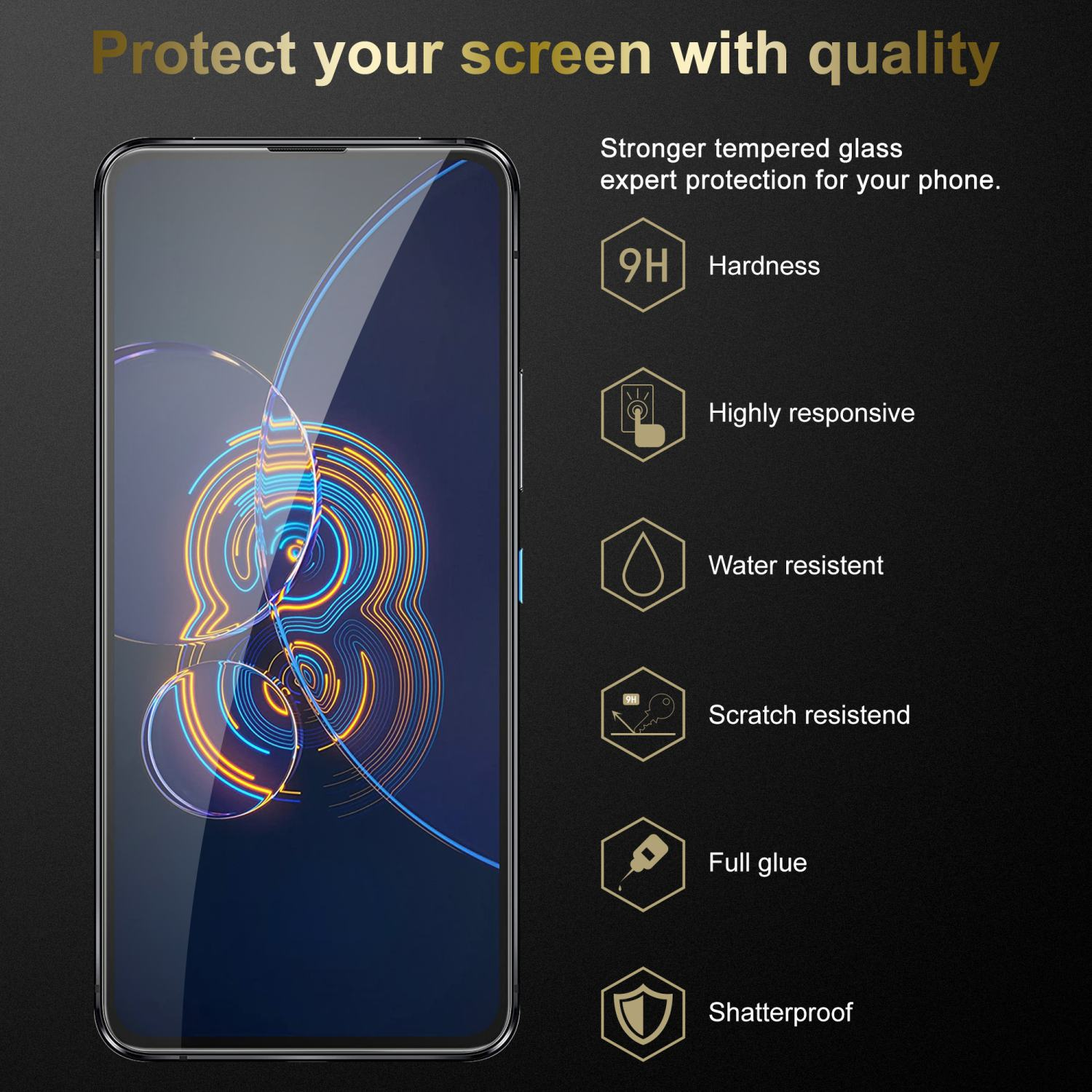 Telefono con protezione schermo e icone che descrivono le funzioni. Sfondo scuro.