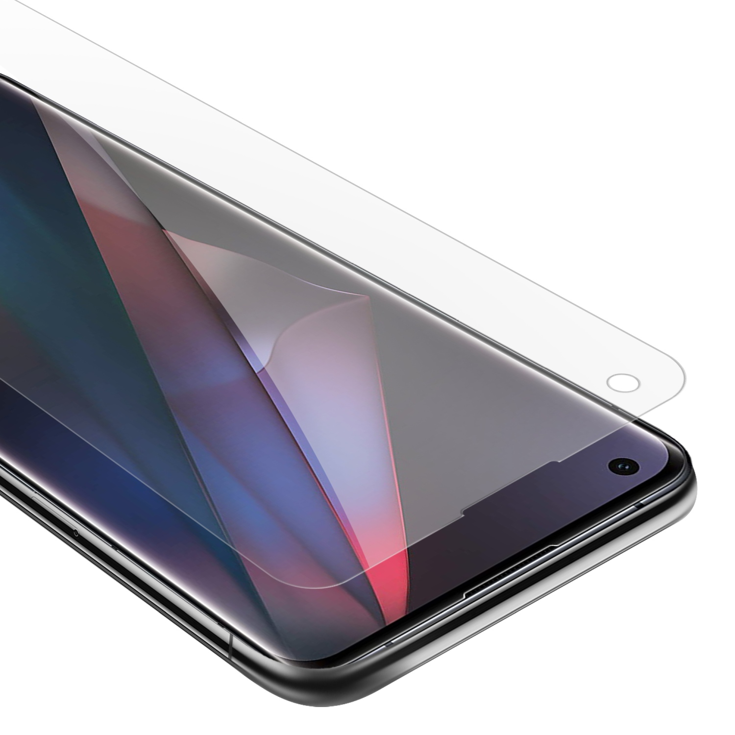 Un telefono con protezione dello schermo applicata, vista chiara.