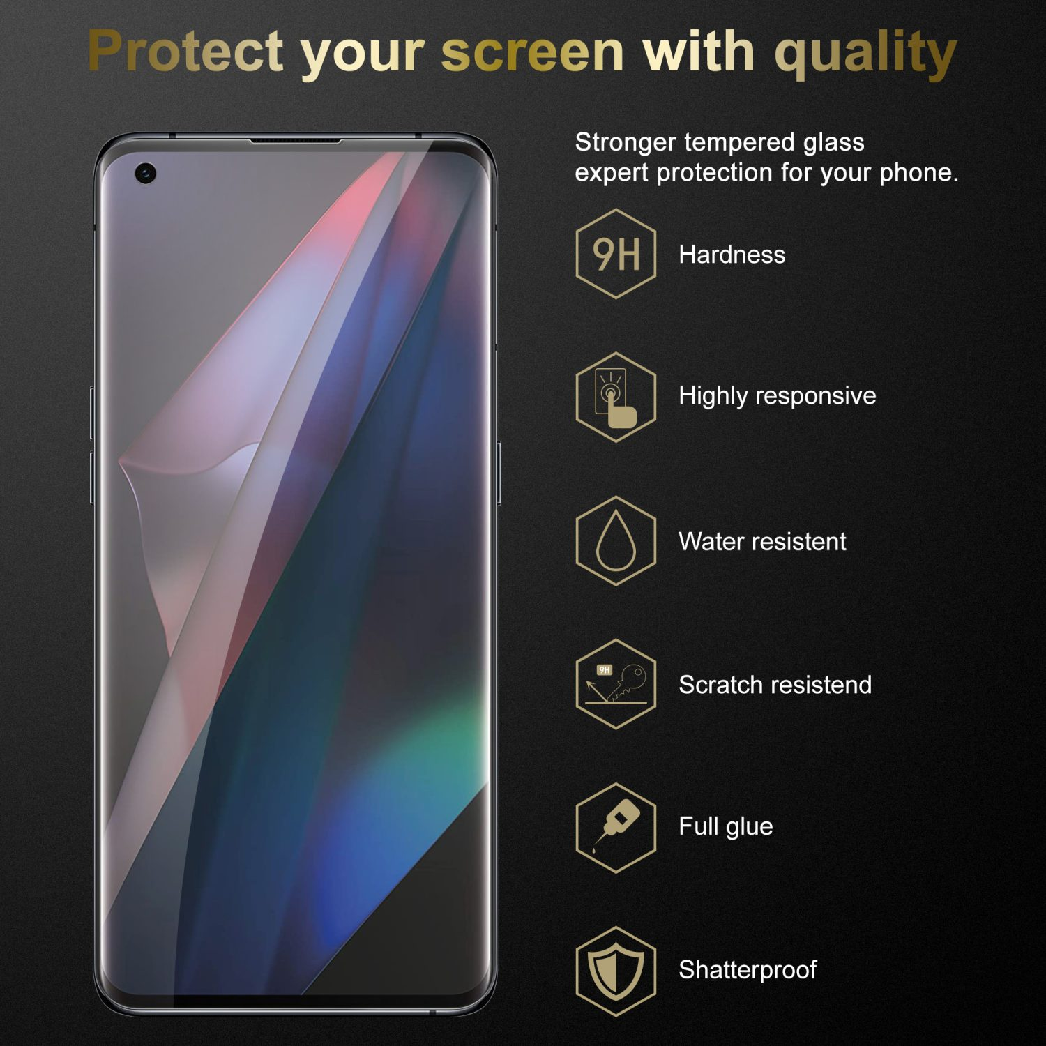 Smartphone con protezione schermo. Icone mostrano le caratteristiche. Sfondo nero.