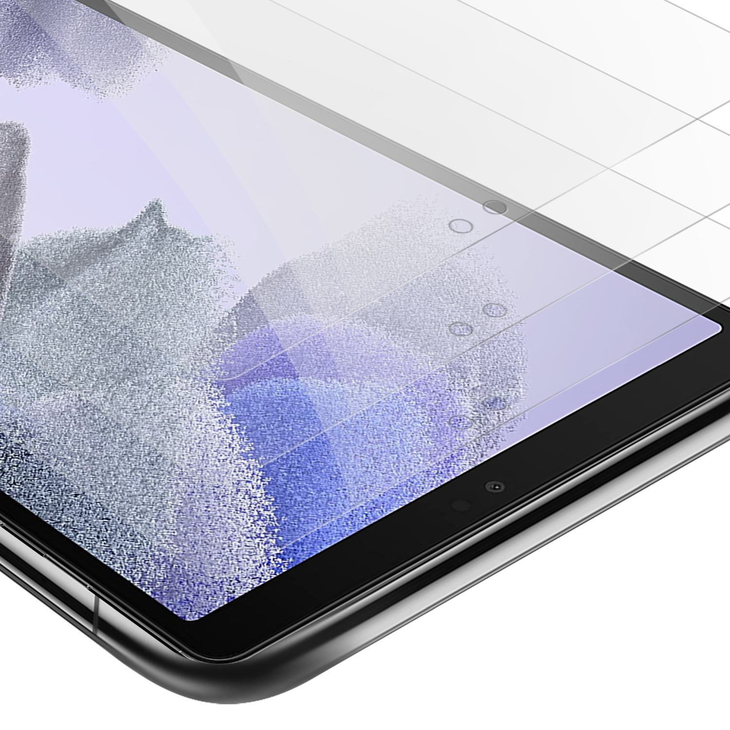 Tablet con protezione schermo, vista ravvicinata dello schermo e della fotocamera.