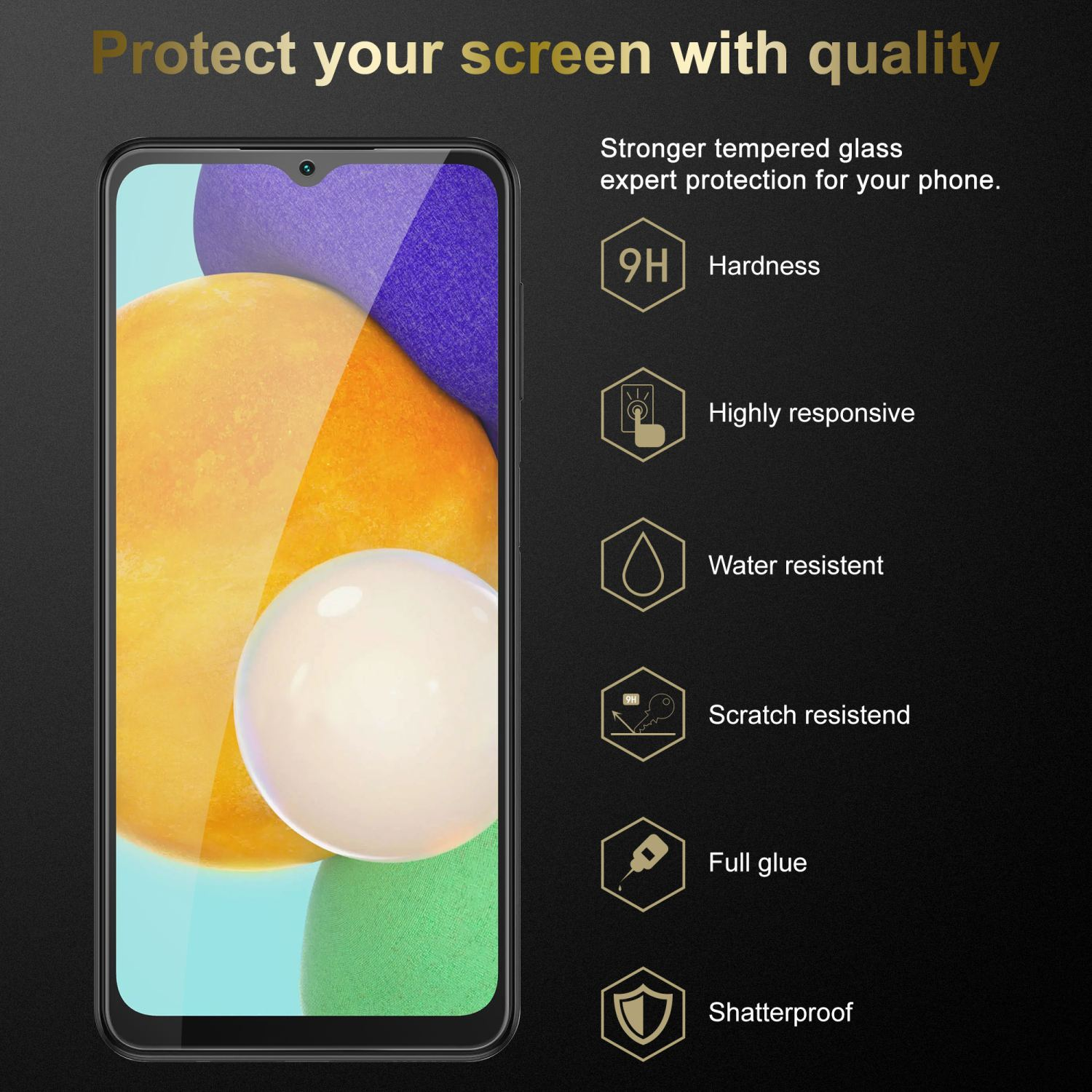 Schermo del telefono con protezione. Testo: Proteggi il tuo schermo con qualità.