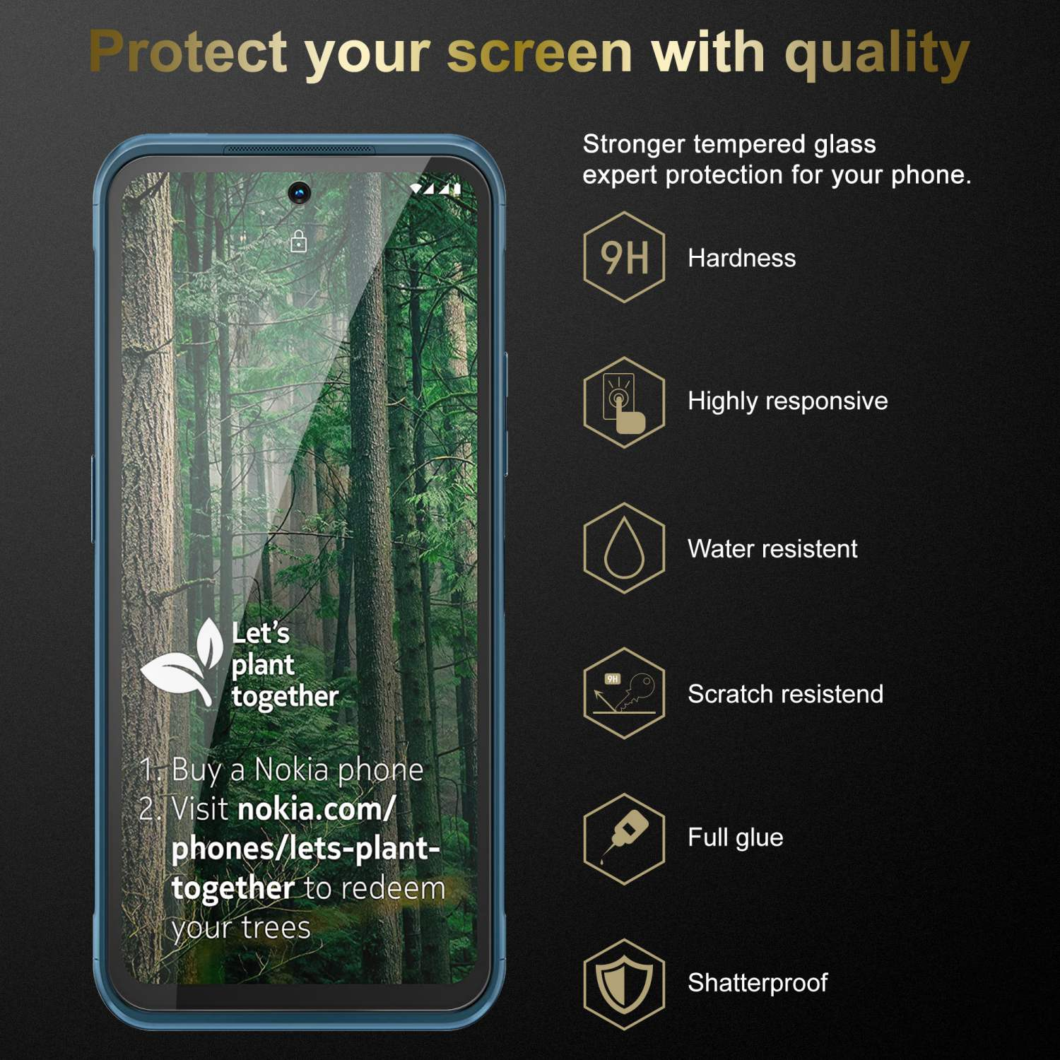 Schermo del telefono con sfondo foresta, testo su Nokia e piantare alberi.