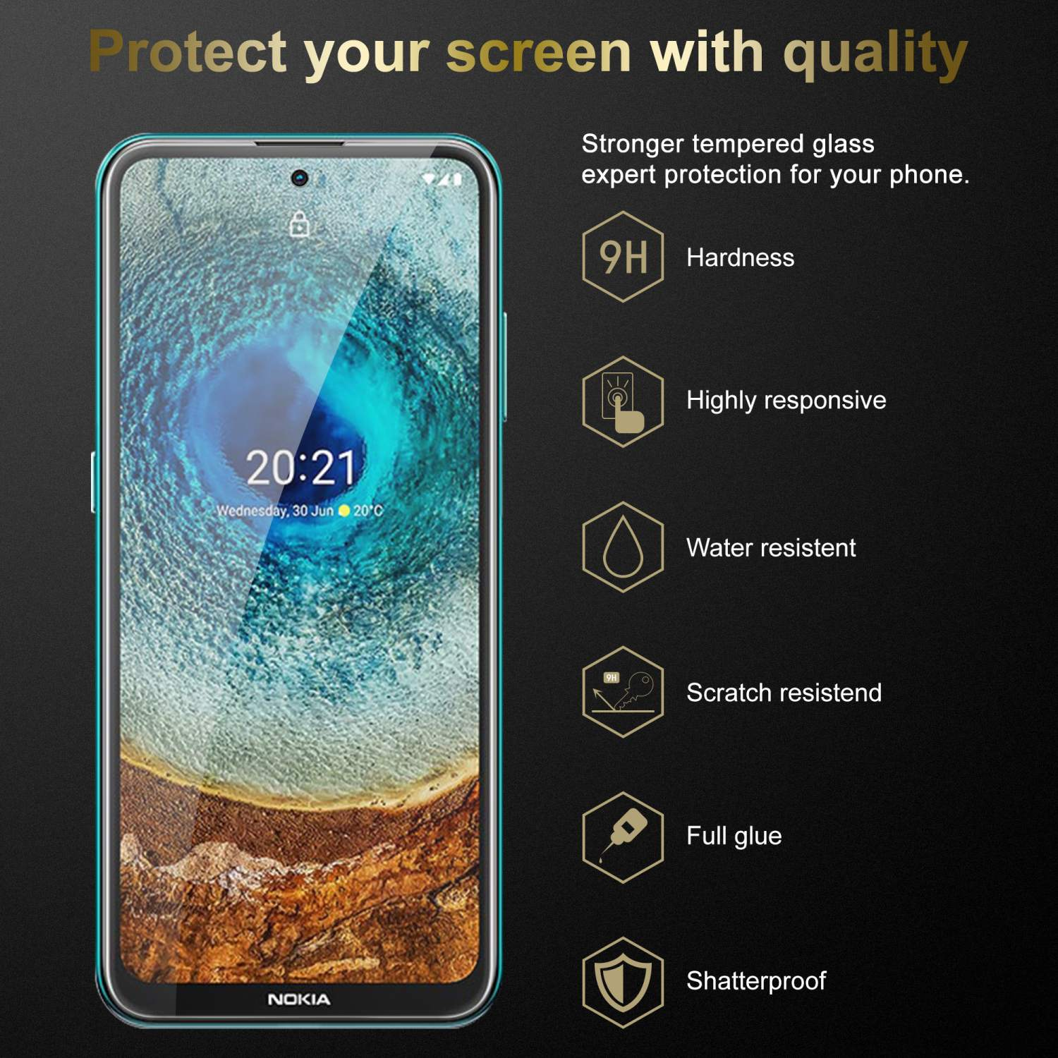 Uno schermo del telefono con una protezione, che mostra l'ora. Icone e testo indicano le caratteristiche di protezione.