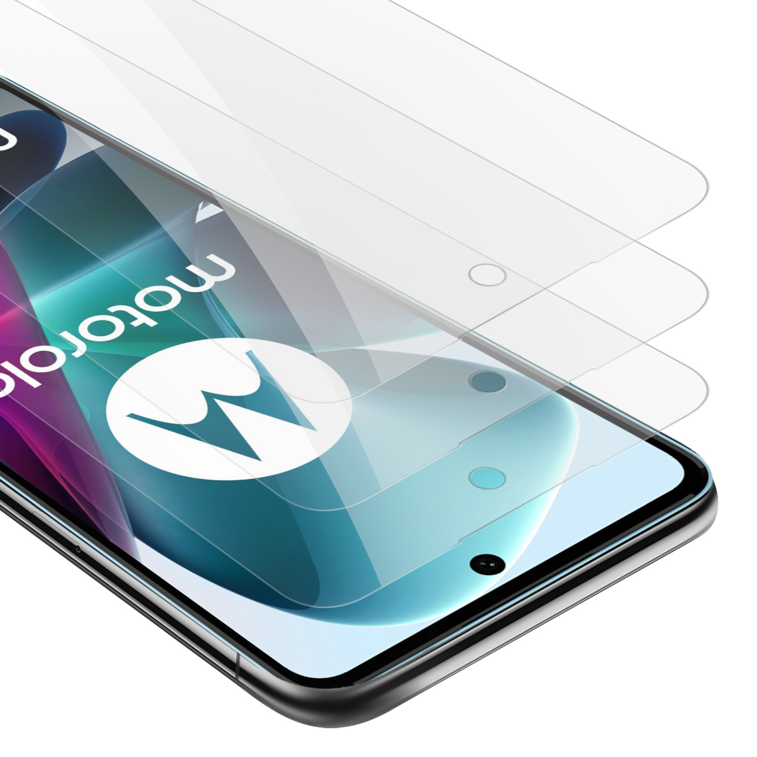 Smartphone con protezioni schermo. Il telefono ha il logo Motorola e una fotocamera frontale.