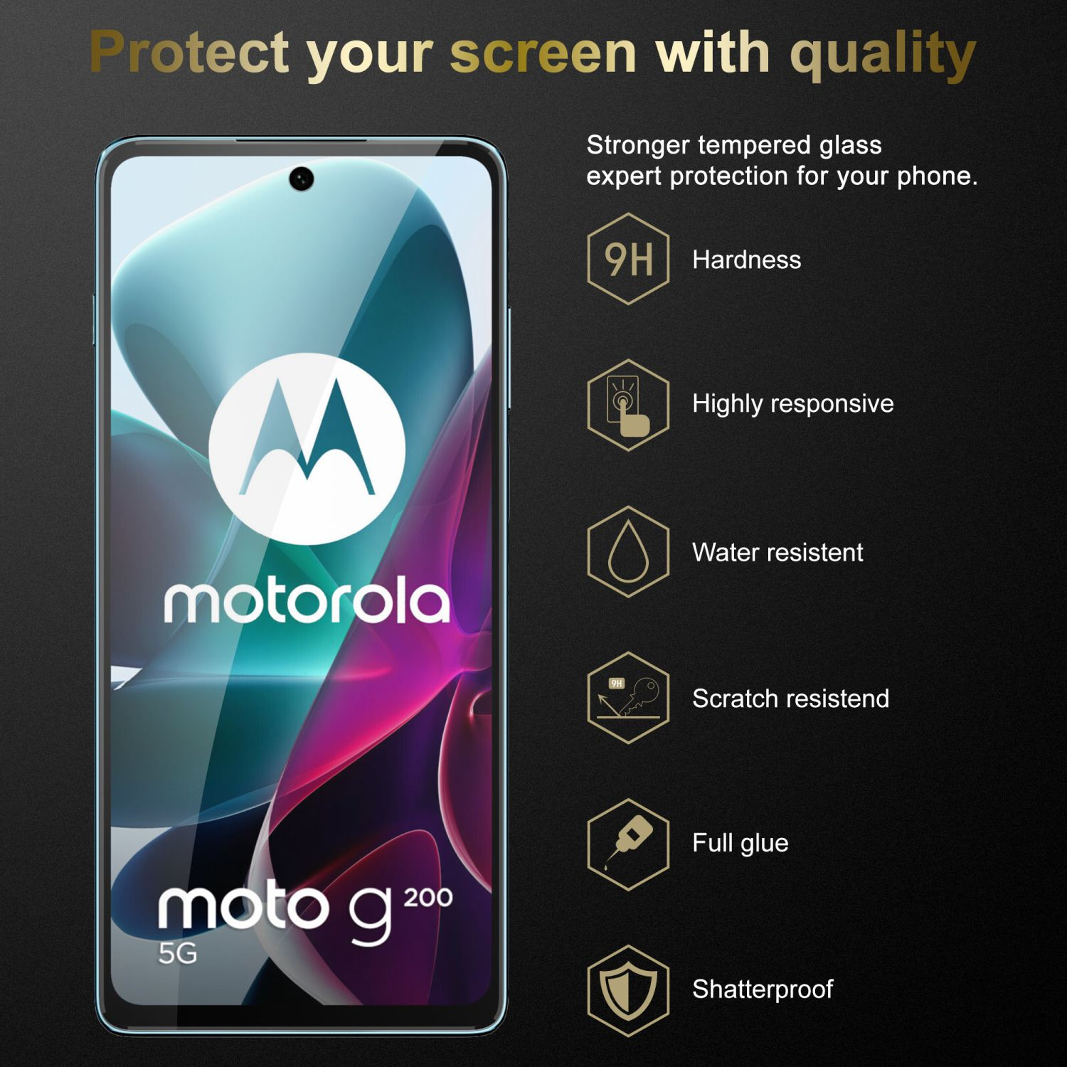 Schermo del telefono Motorola con funzioni evidenziate, tra cui durezza e resistenza all'acqua.