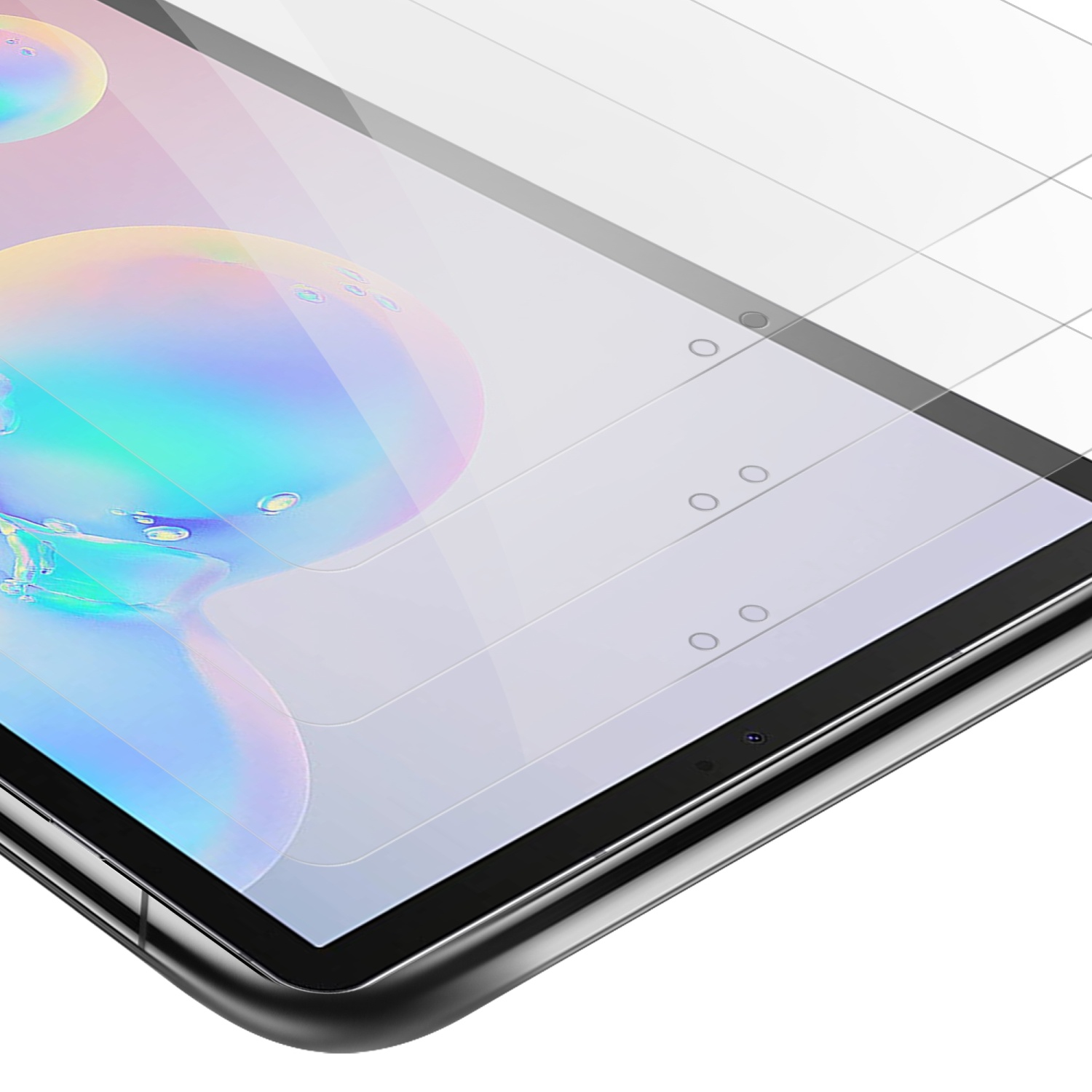 Schermo del tablet con protezione schermo, che mostra più strati della protezione schermo.