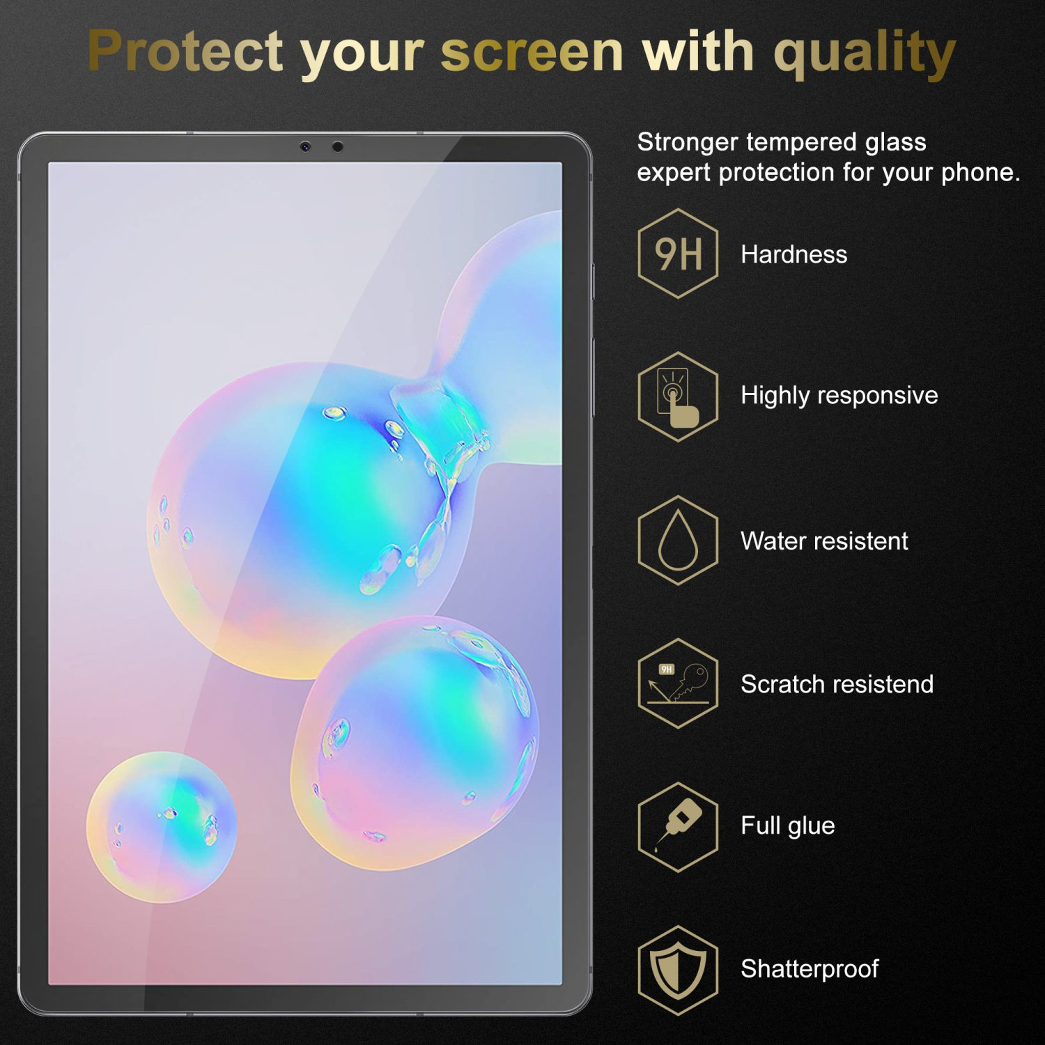 Un tablet con protezione schermo e icone che mostrano durezza, resistenza all'acqua e altro.