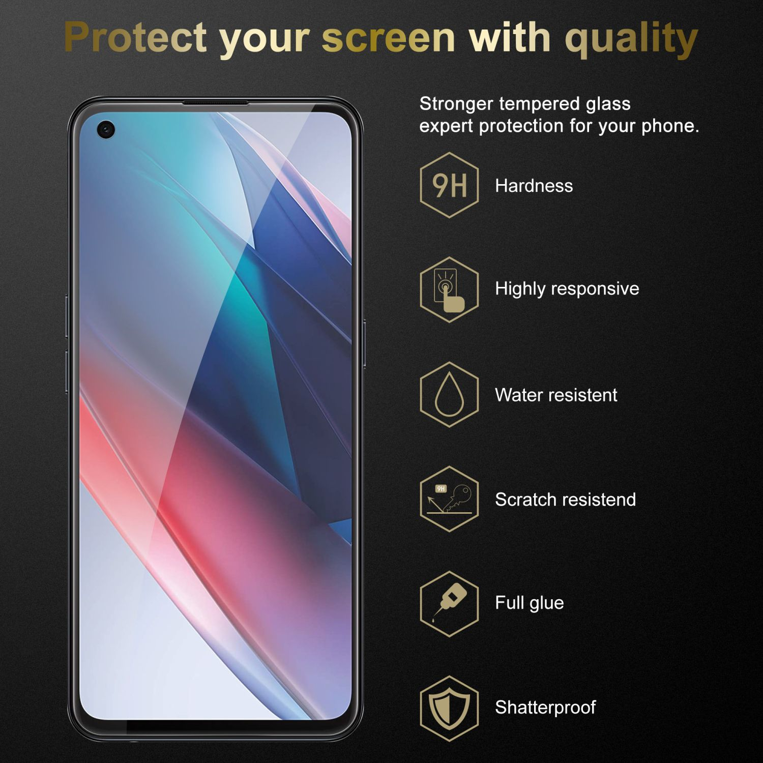 Uno schermo del telefono con un'immagine e testo circostante che descrive le caratteristiche della protezione dello schermo.
