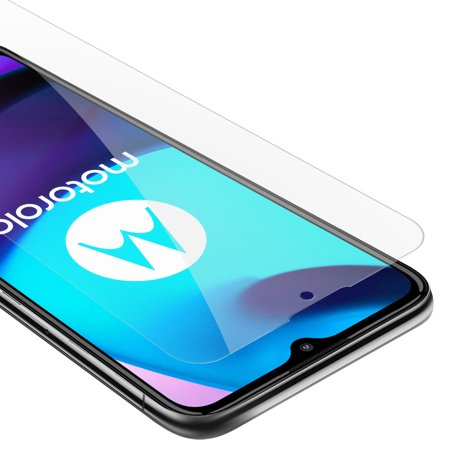 Un telefono con protezione schermo installata. Il telefono è blu con protezione bianca.